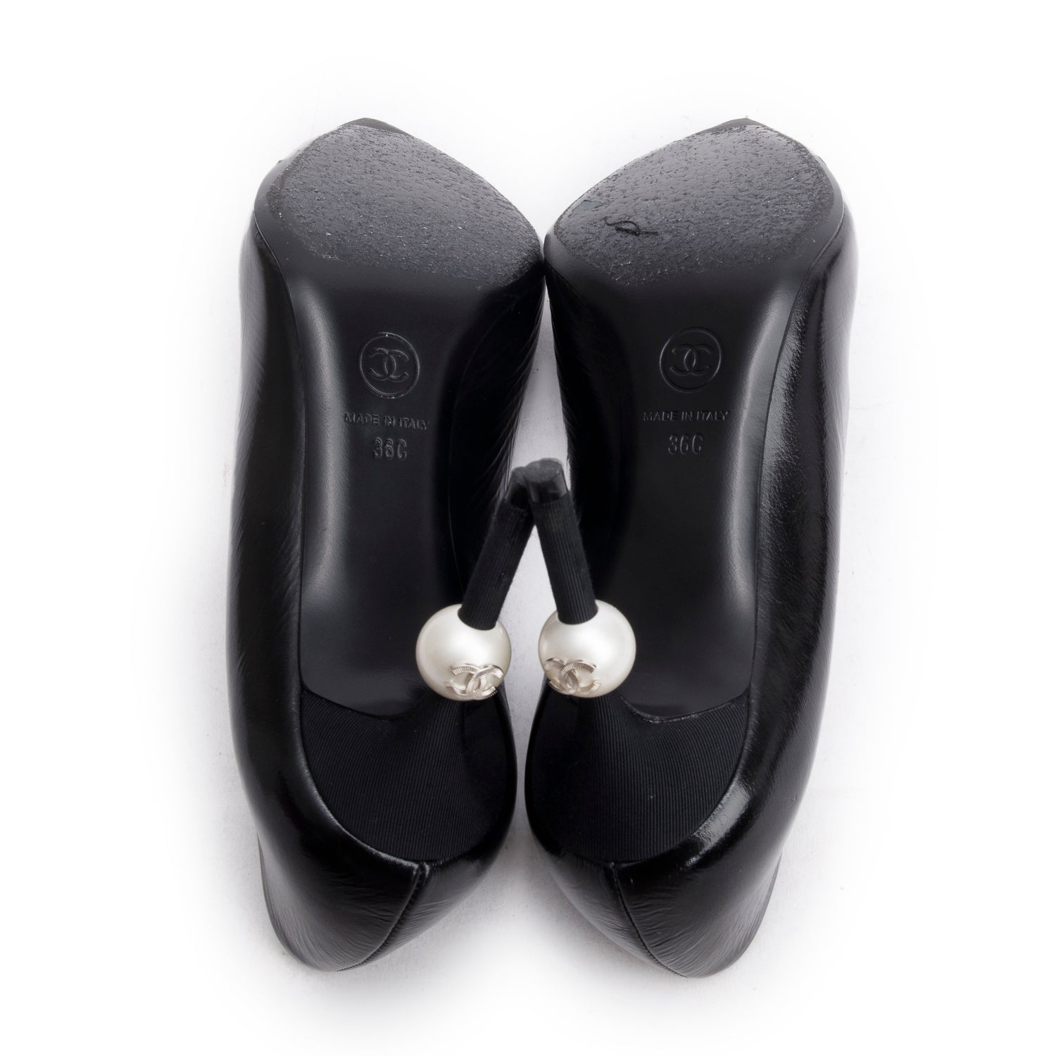 Chanel Black Goatskin Grosgrain Cap Toe Faux Pearl CC Pumps, Size 36 w/ Box