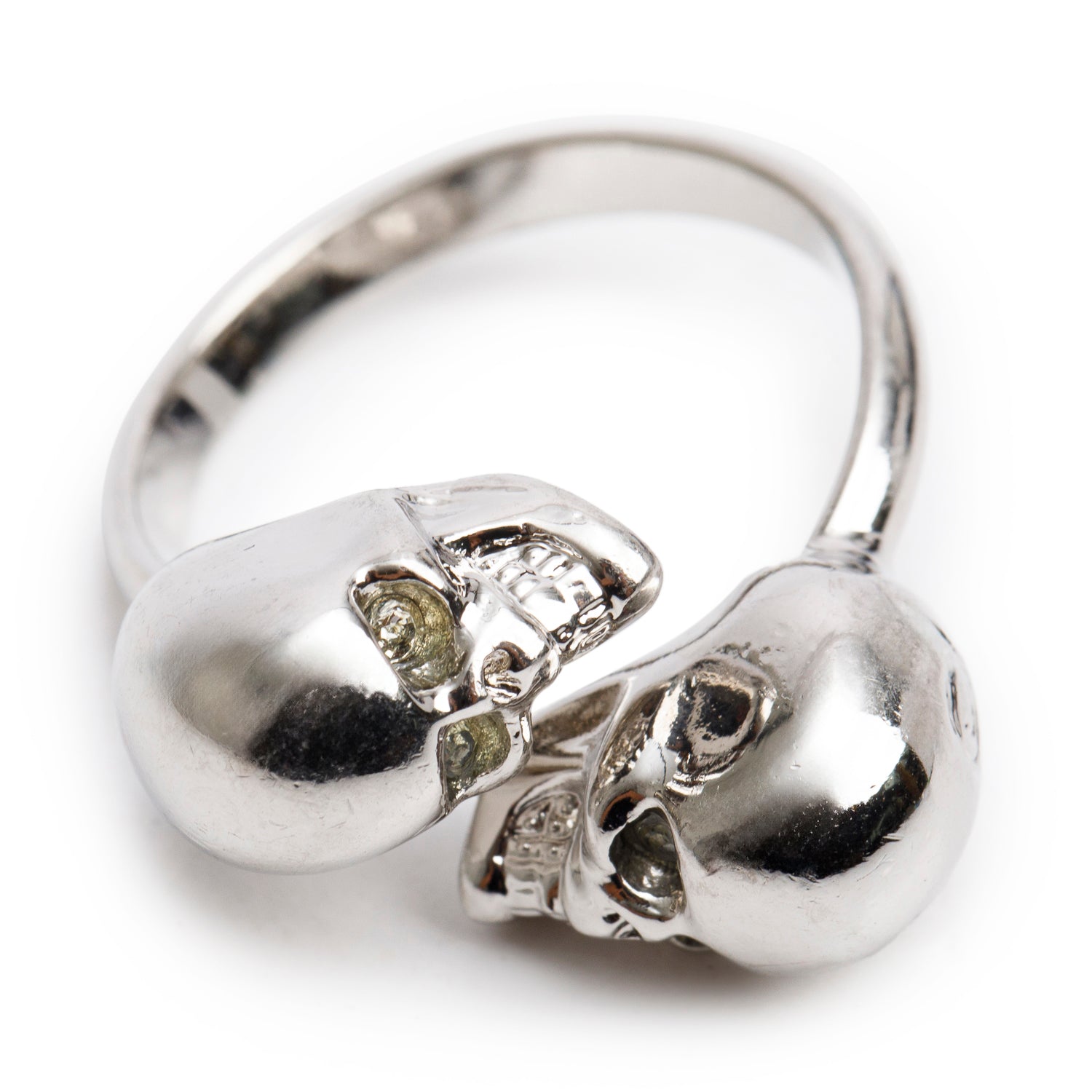 Alexander McQueen Silver Plated Crystal Twin Skull Ring, Size 7.5