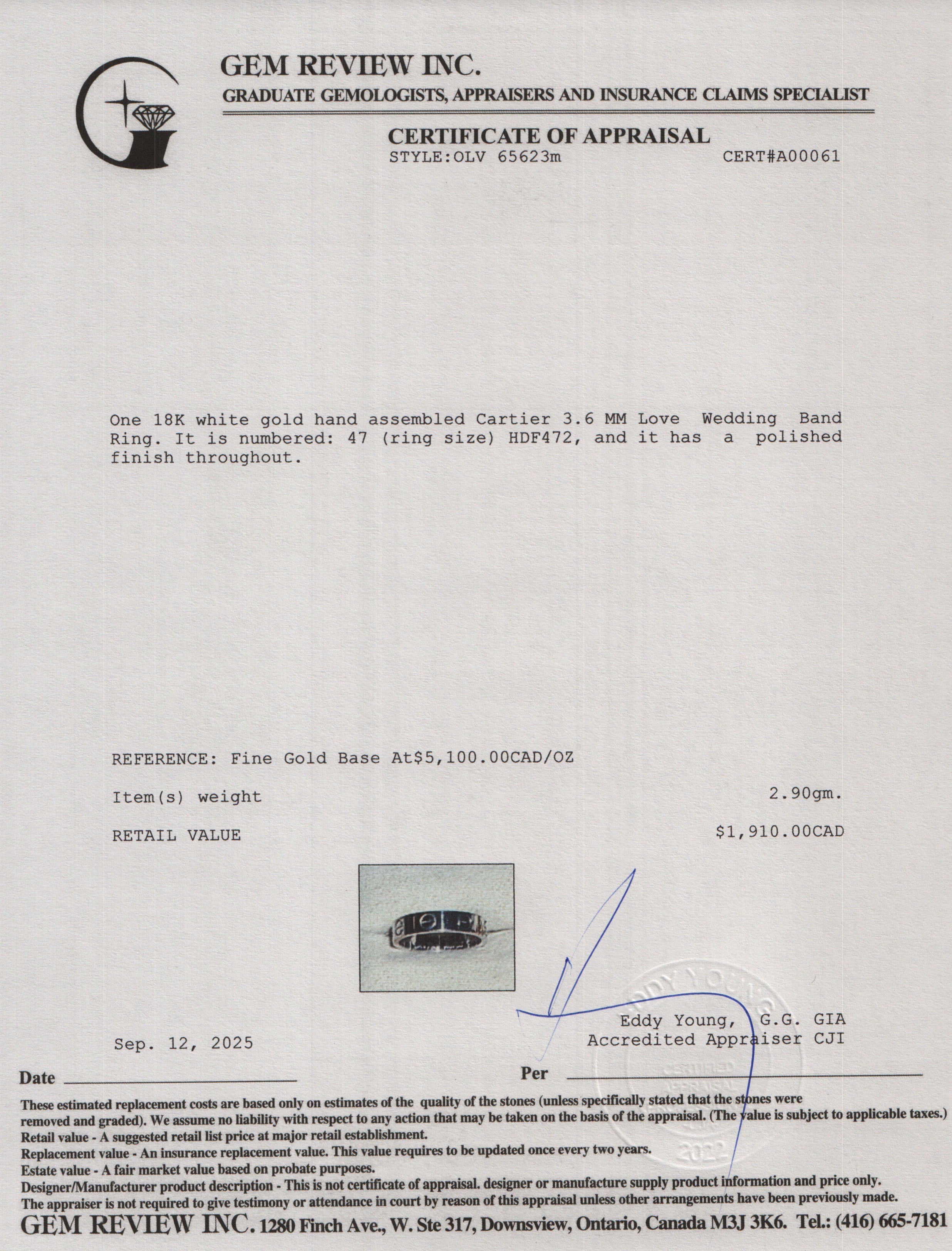 Cartier 18k White Gold 3.6 MM Love Wedding Band Ring, Size 47 4.25 w/ Box