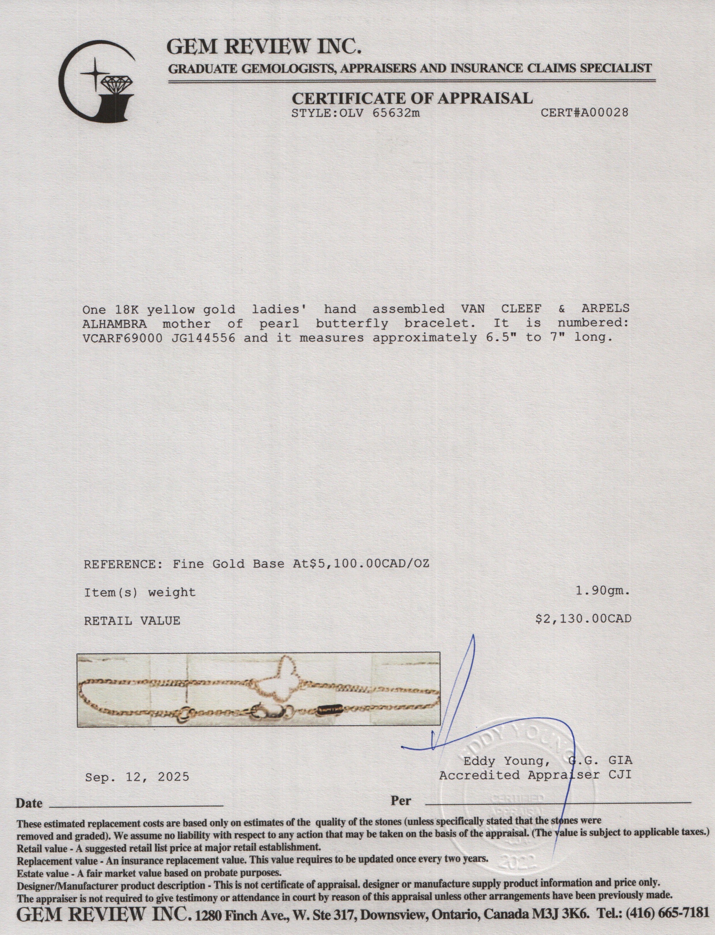 Van Cleef & Arpels 2024 18k Yellow Gold Mother of Pearl Sweet Butterflies Bracelet w/ Box & Certificate