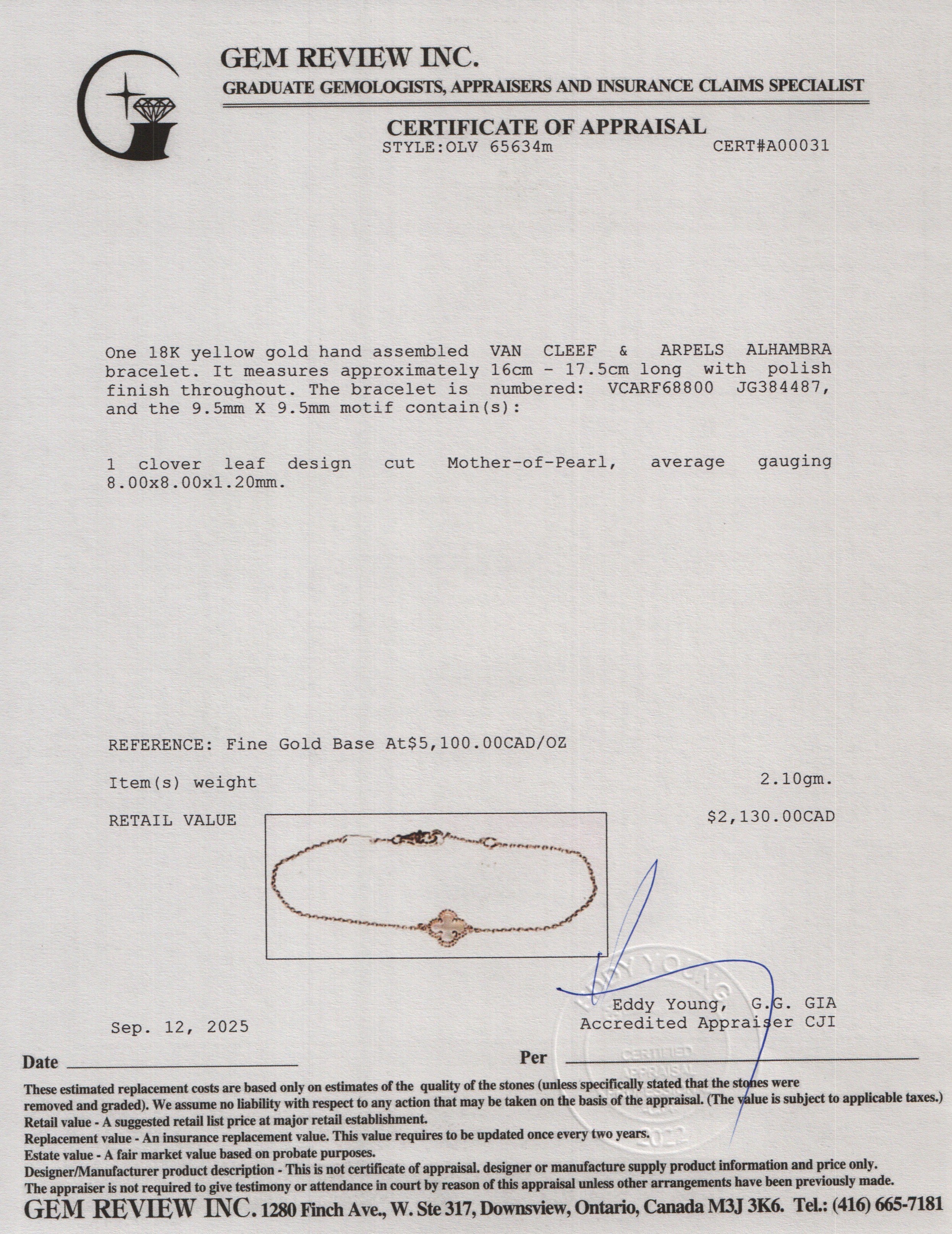 Van Cleef & Arpels 2024 18k Yellow Gold Sweet Alhambra 1 Motif Mother of Pearl Bracelet w/ Box & Certificate