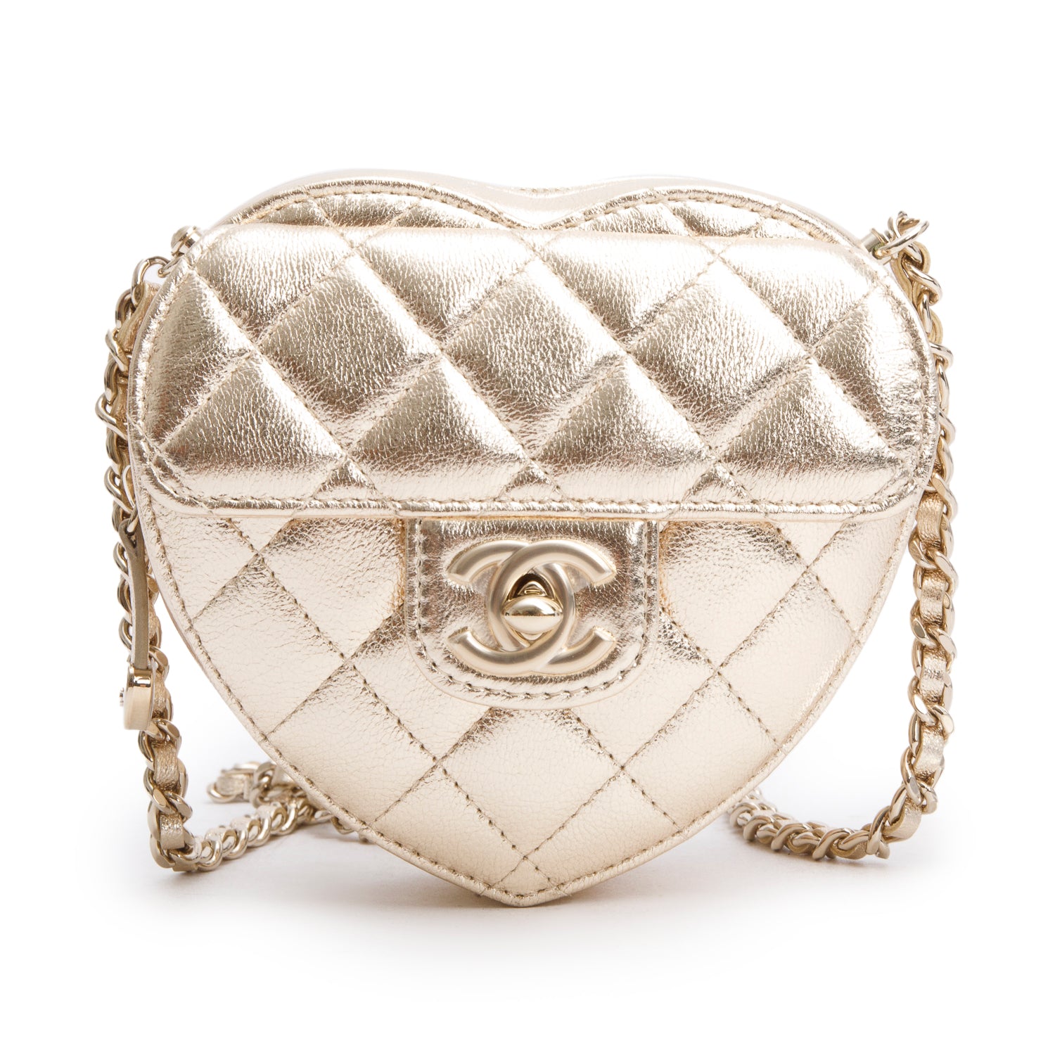Chanel 2025 Gold Lambskin Quilted CC In Love Mini Heart Bag w/ Box & Receipt