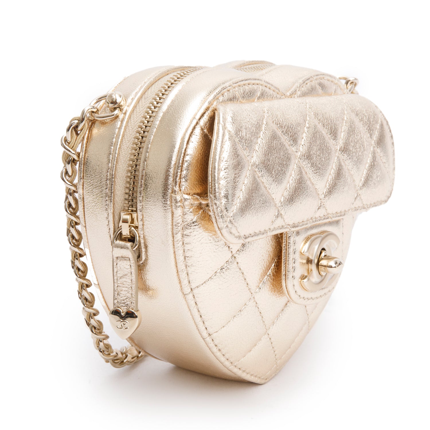 Chanel 2025 Gold Lambskin Quilted CC In Love Mini Heart Bag w/ Box & Receipt