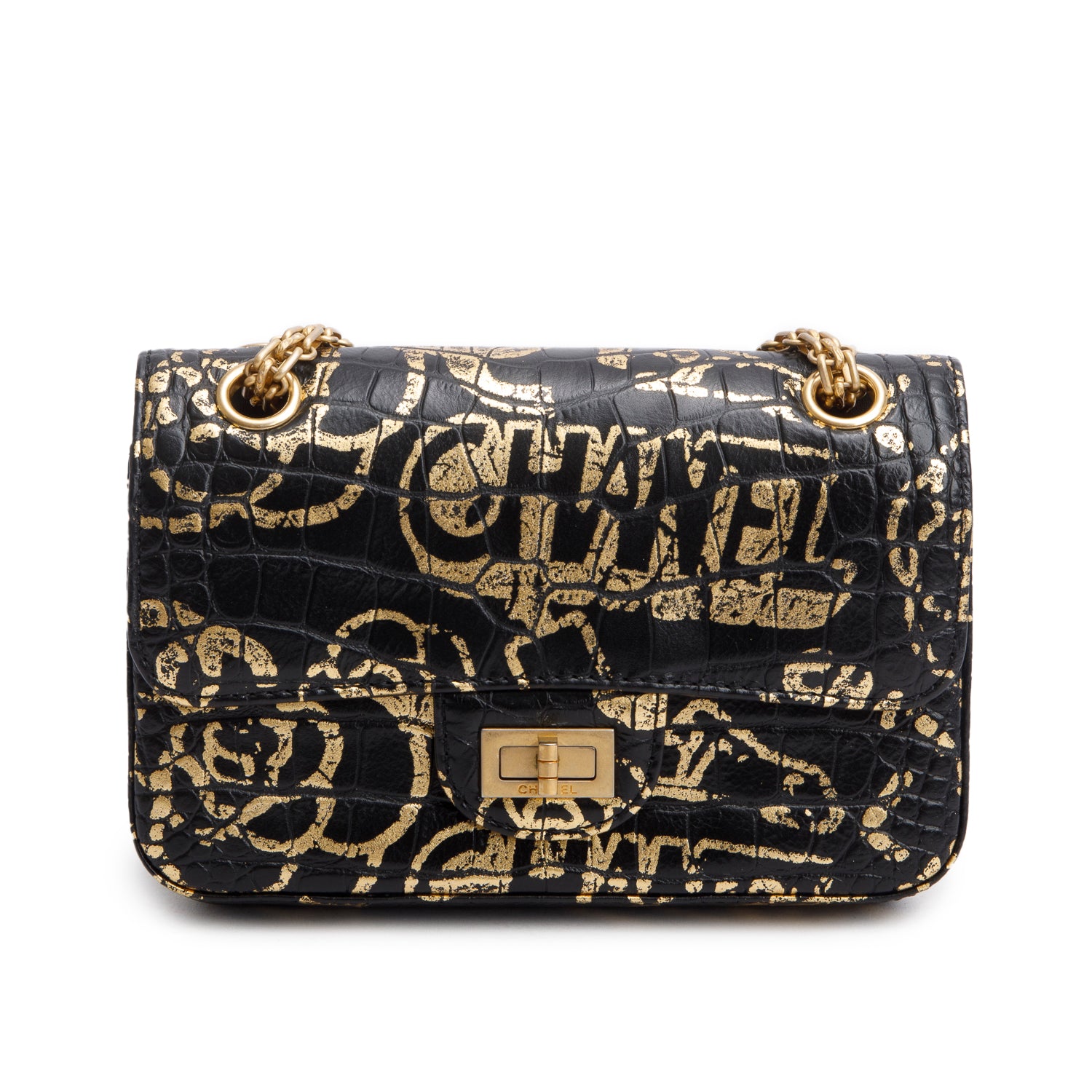 Chanel Black Calfskin Croc Embossed Grafitti 2.55 Mini Reissue Flap Bag w/ Box & Authenticity Card