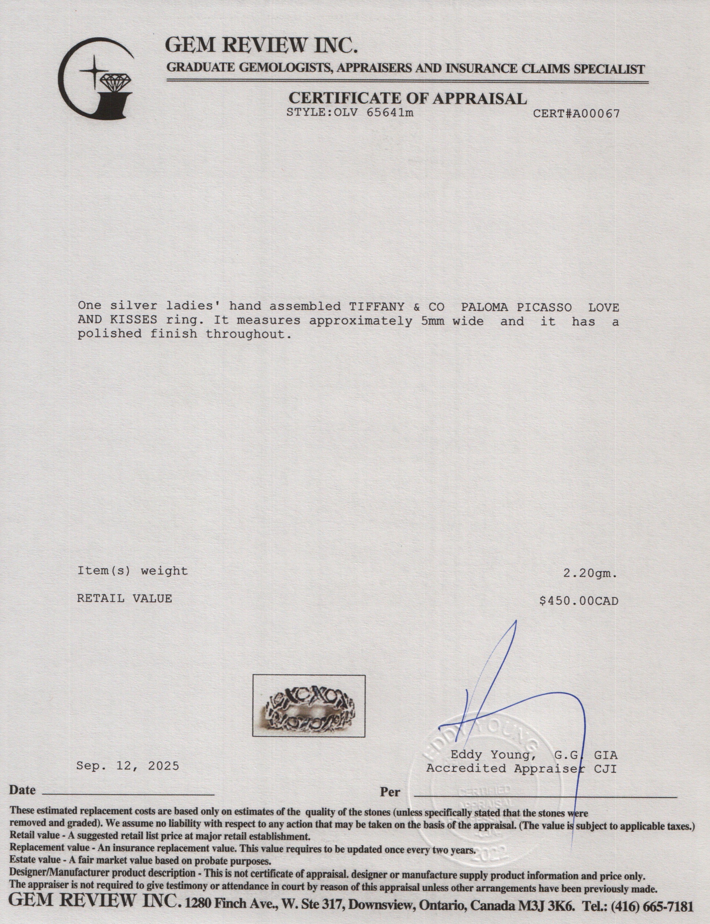 Tiffany & Co. Paloma Picasso Sterling Silver Love and Kisses Band Ring, Size 6.5