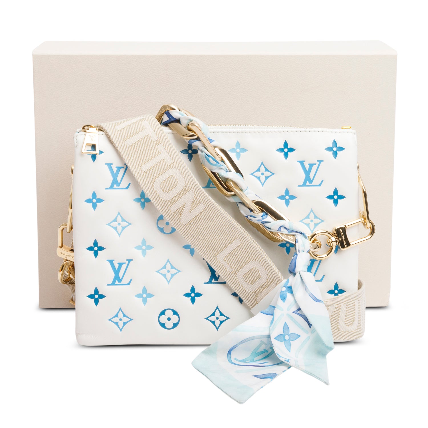 Louis Vuitton 2024 White Lambskin Embossed Monogram By The Pool Coussin PM w/ Box, Scarf & Receipt