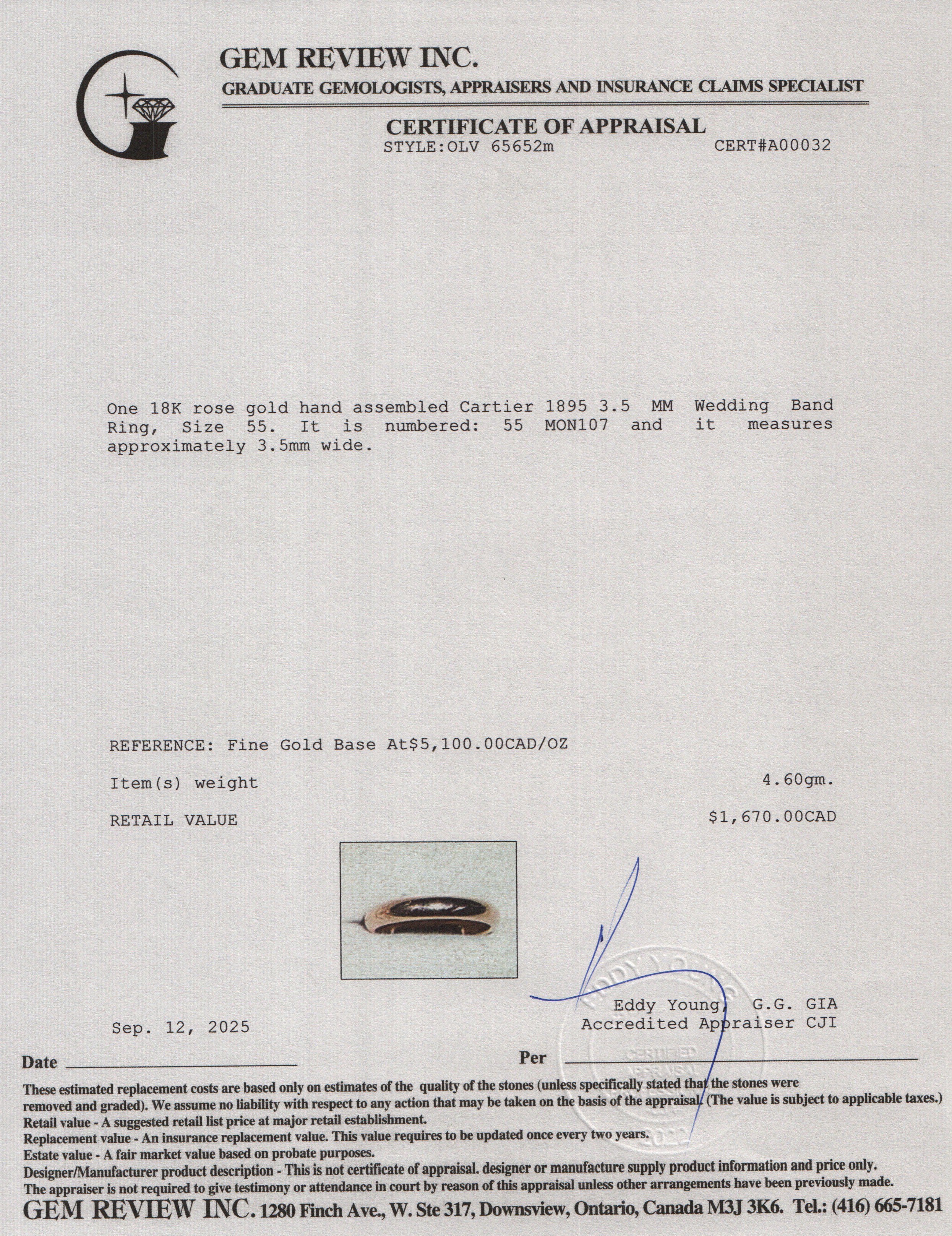 Cartier 18k Rose Gold 1895 3.5 MM Wedding Band Ring, Size 55 7.25