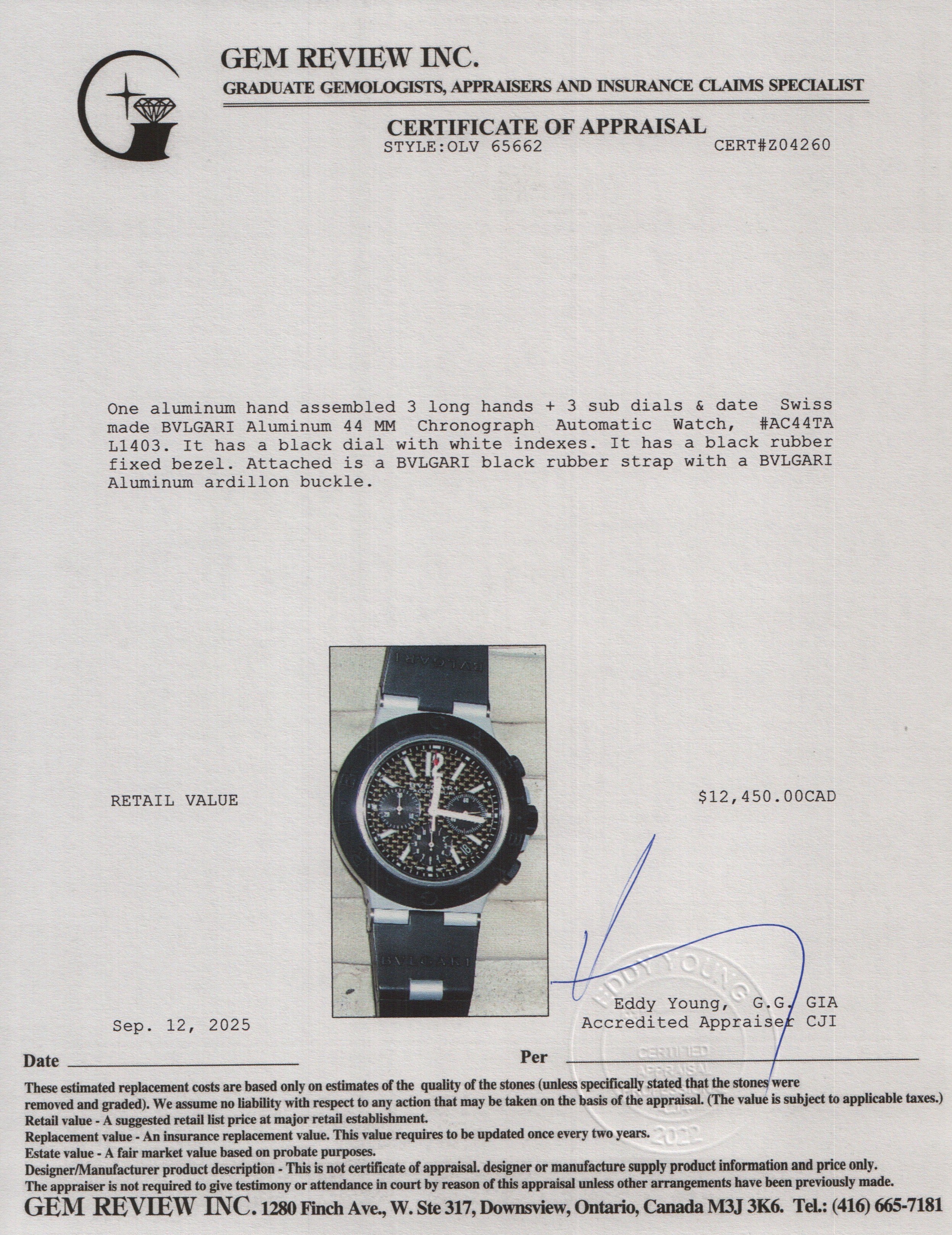 BVLGARI Aluminum 44 MM Chronograph Automatic Watch w/ Box & Papers