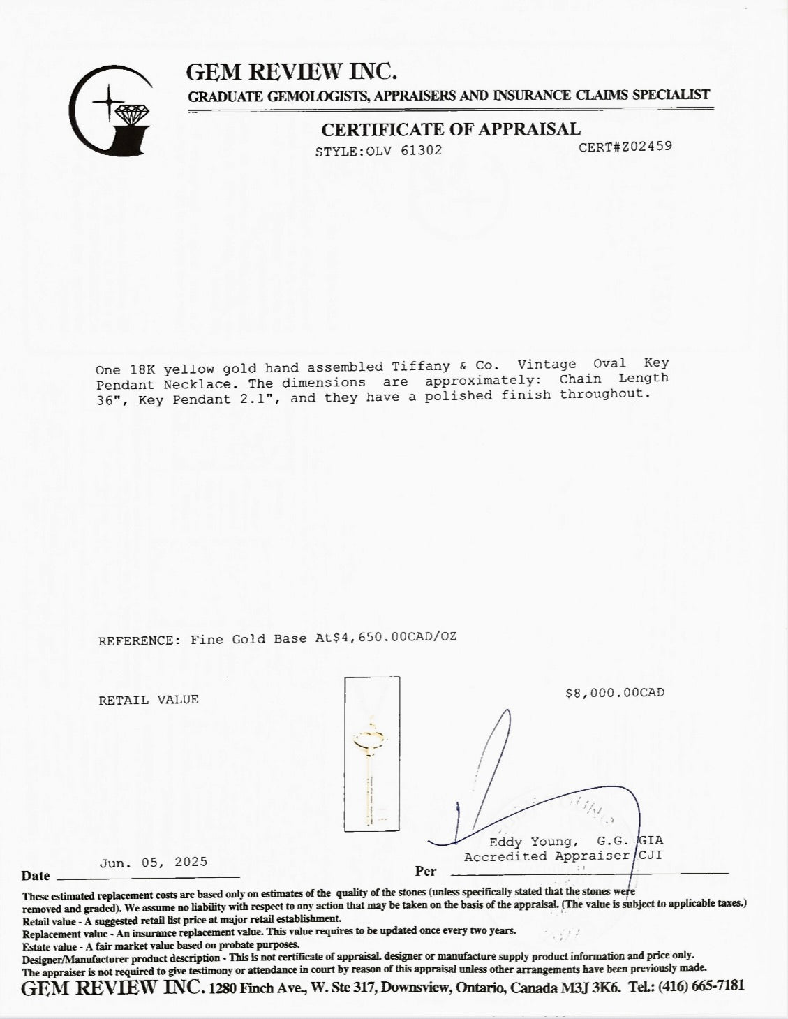 Tiffany & Co. 18k Yellow Gold Vintage Oval Key Pendant Necklace w/ Box