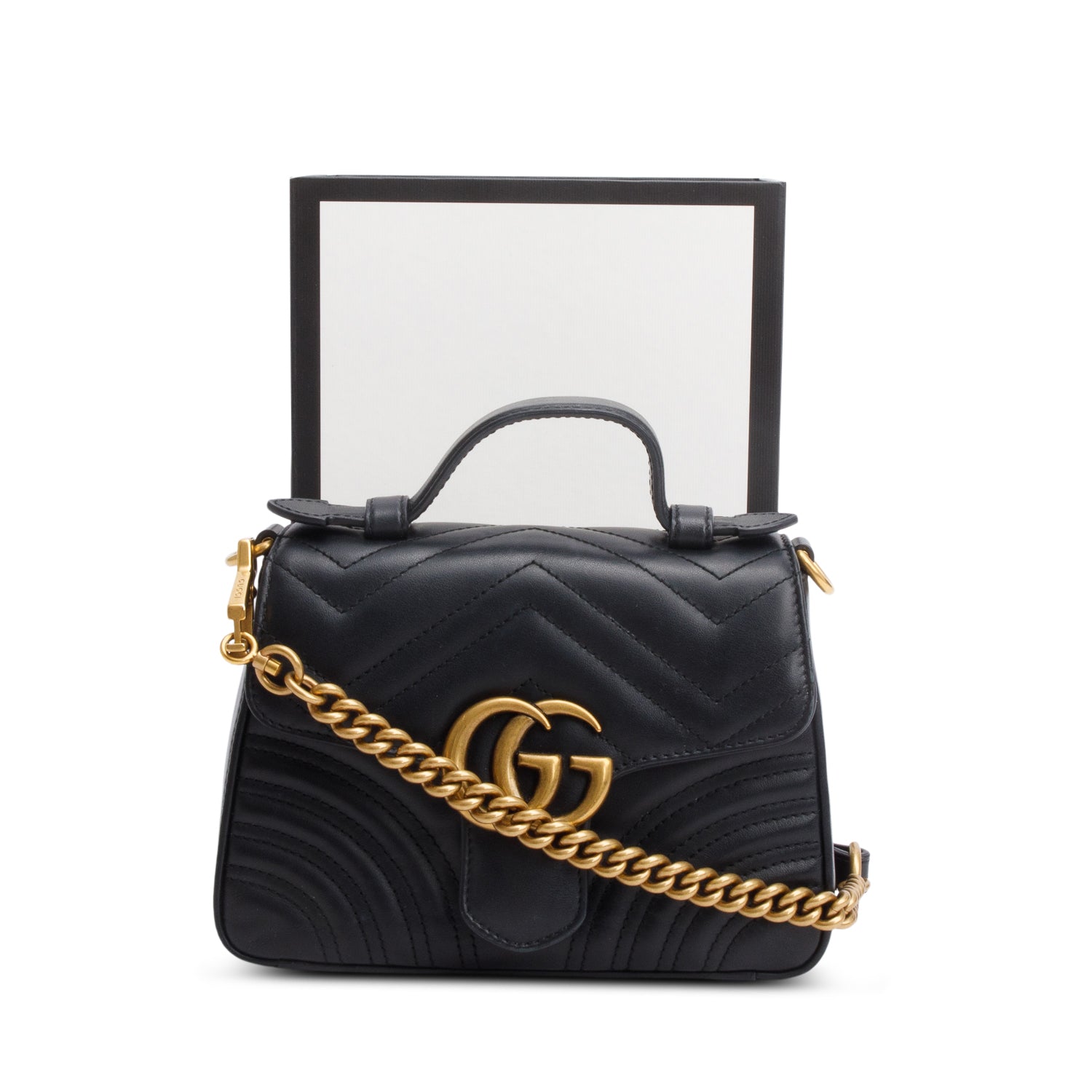 Gucci Black Calfskin Matelasse Mini GG Marmont Top Handle Shoulder Bag w/ Box & Strap