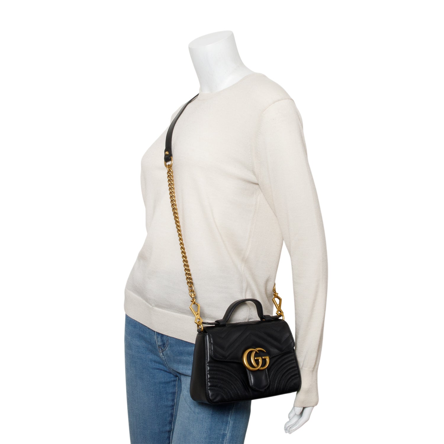 Gucci Black Calfskin Matelasse Mini GG Marmont Top Handle Shoulder Bag w/ Box & Strap