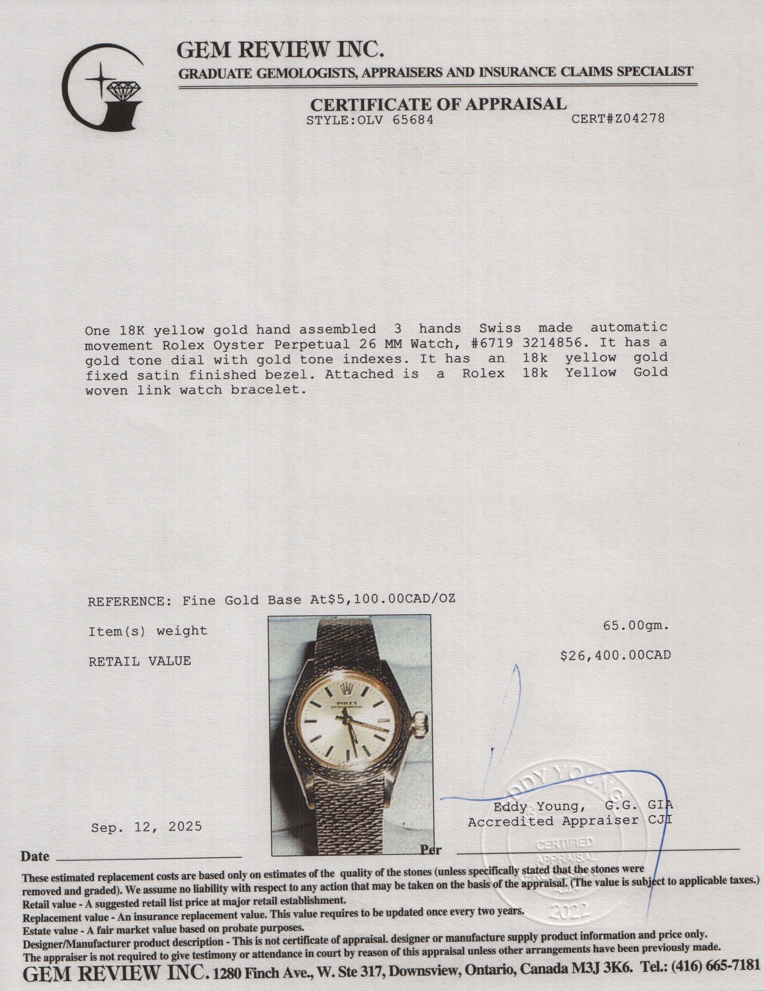 Rolex Vintage 18k Yellow Gold Oyster Perpetual 26 MM Watch Gold Dial 6719