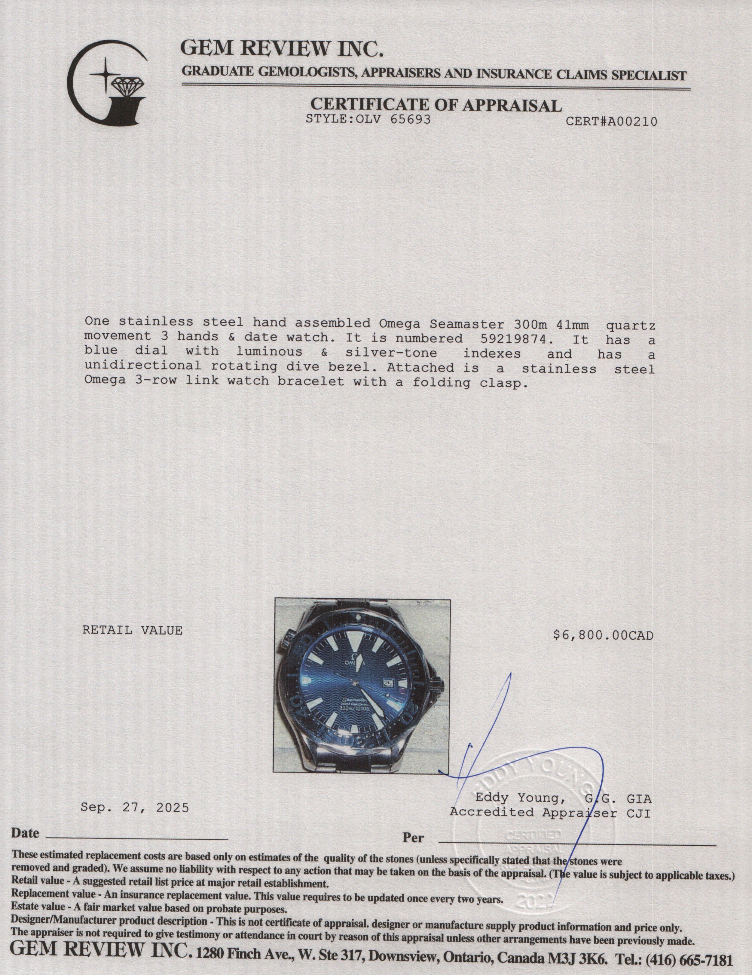 Omega Stainless Steel Seamaster 41 MM Quartz Watch Blue Dial w/ Box