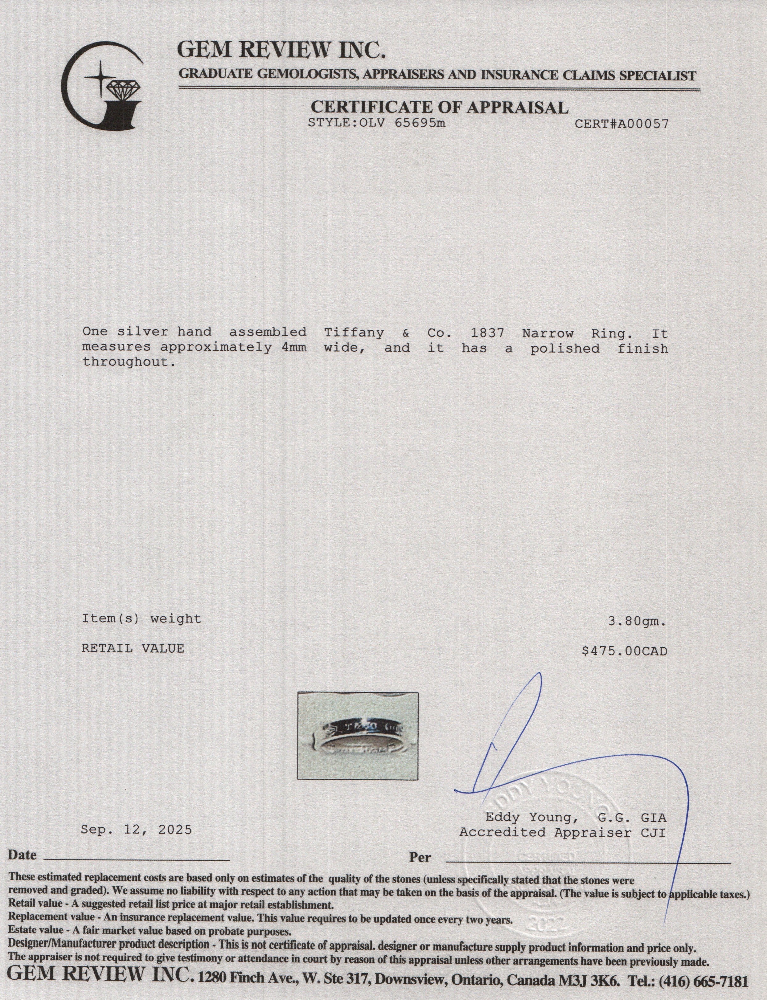 Tiffany & Co. Sterling Silver 1837 Narrow Ring, Size 5