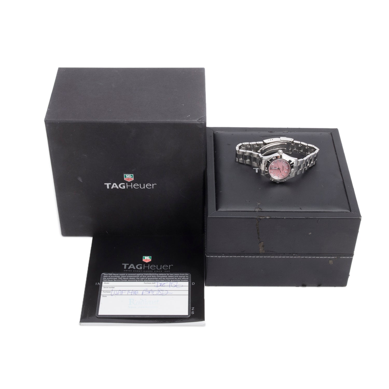 Tag Heuer Stainless Steel Aquaracer 27 MM Quartz Watch Pink Mother of Pearl Dial WAF1418 w/ Box & Papers