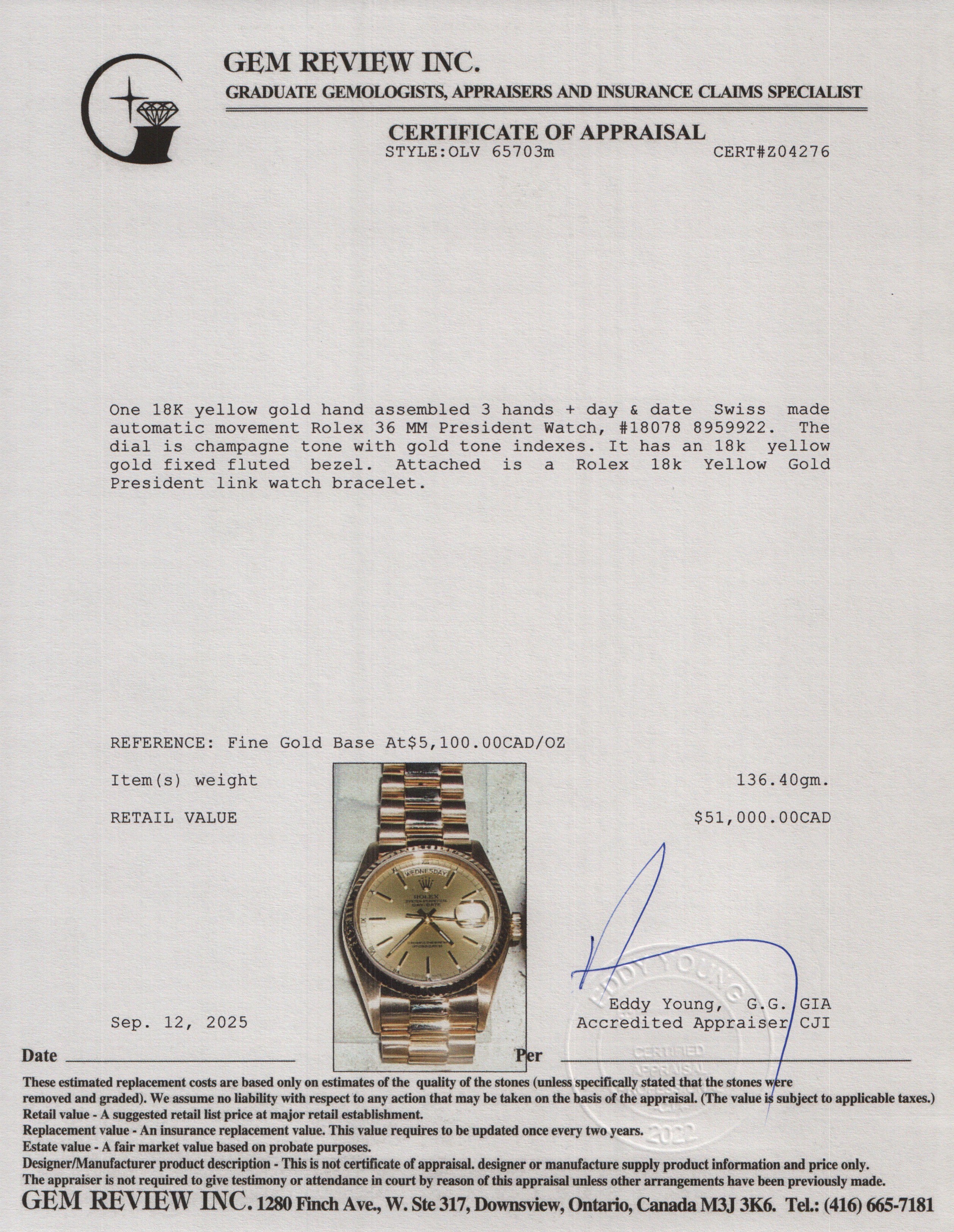 Rolex 18k Yellow Gold Day Date 36 MM President Watch Champagne Dial 18038