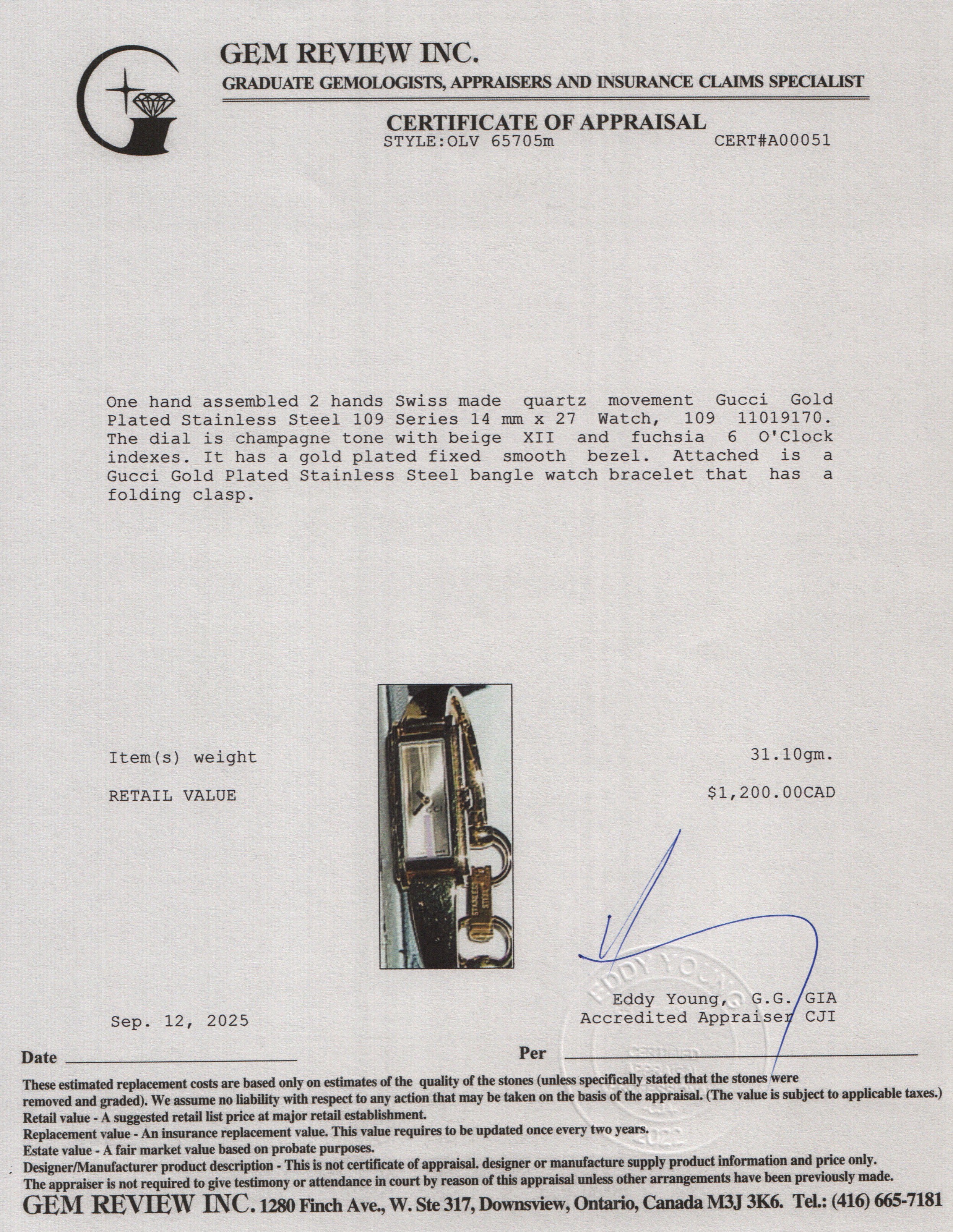 Gucci Gold Plated Stainless Steel 109 Series Watch w/ Box