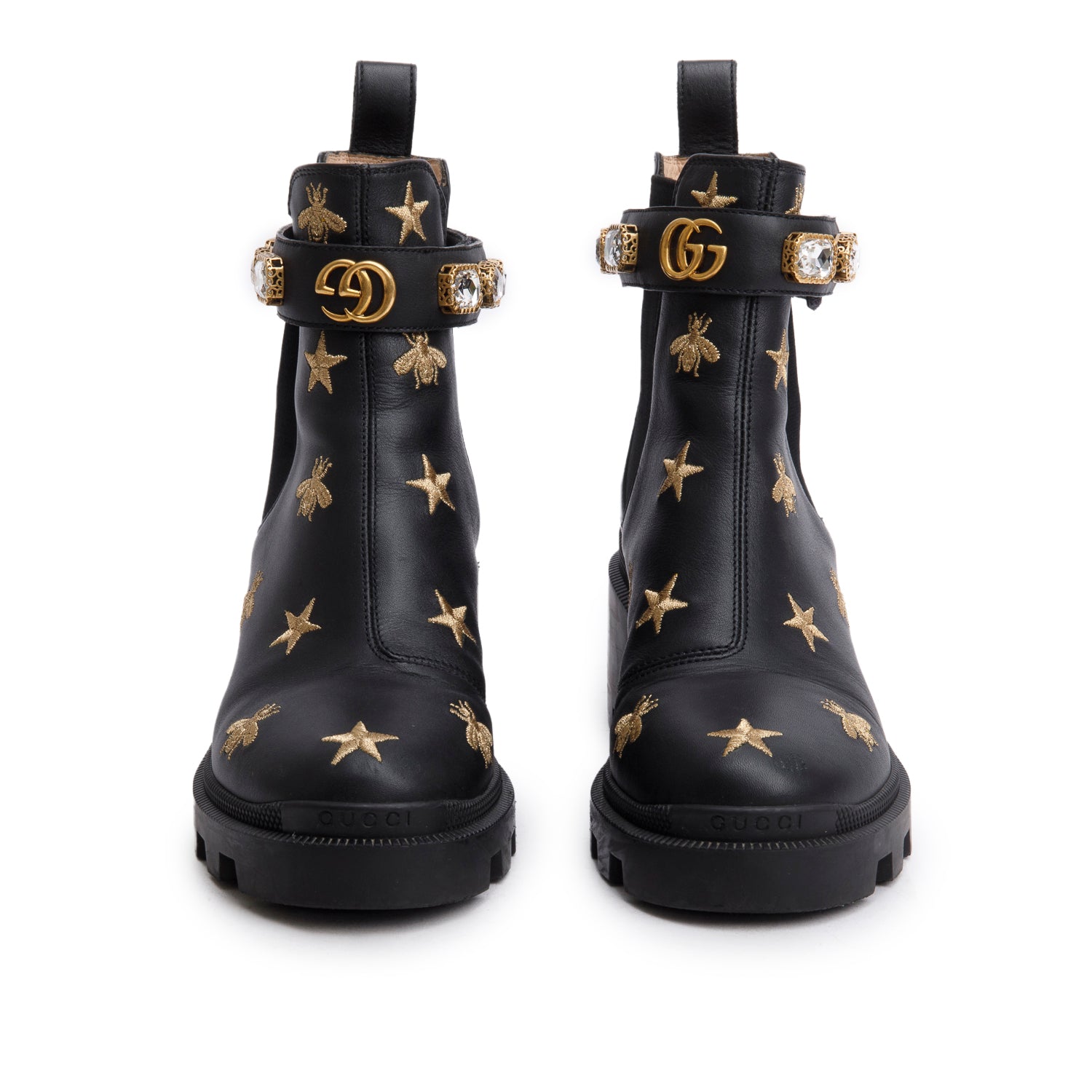 Gucci Black Calfskin Bee Star Embroidered Crystal Belt Ankle Boots, Size 36 w/ Box