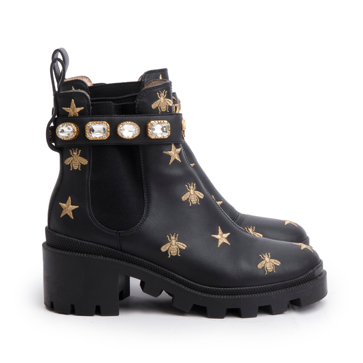 Gucci Black Calfskin Bee Star Embroidered Crystal Belt Ankle Boots, Size 36 w/ Box