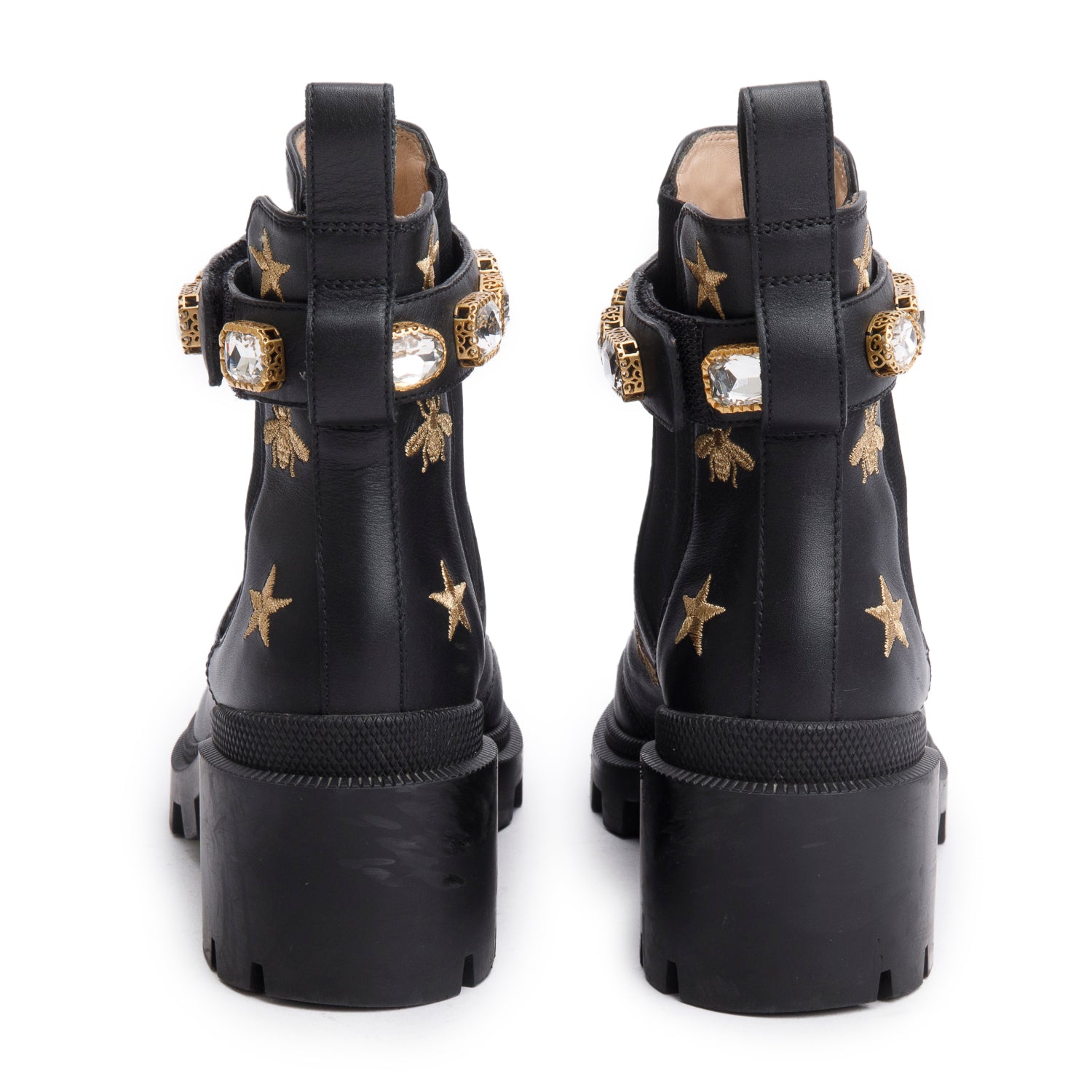 Gucci Black Calfskin Bee Star Embroidered Crystal Belt Ankle Boots, Size 36 w/ Box
