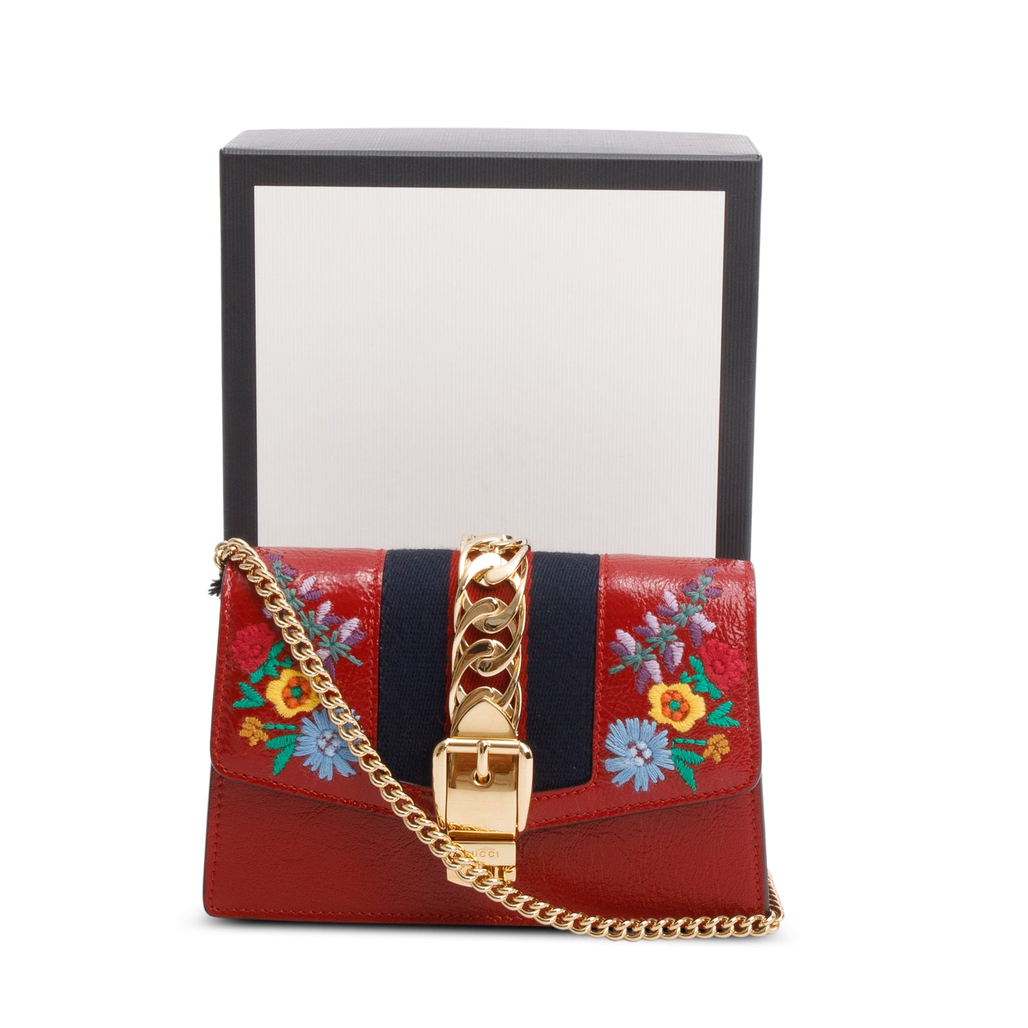 Gucci Red Patent Embroidered Super Mini Sylvie Chain Shoulder Bag w/ Box