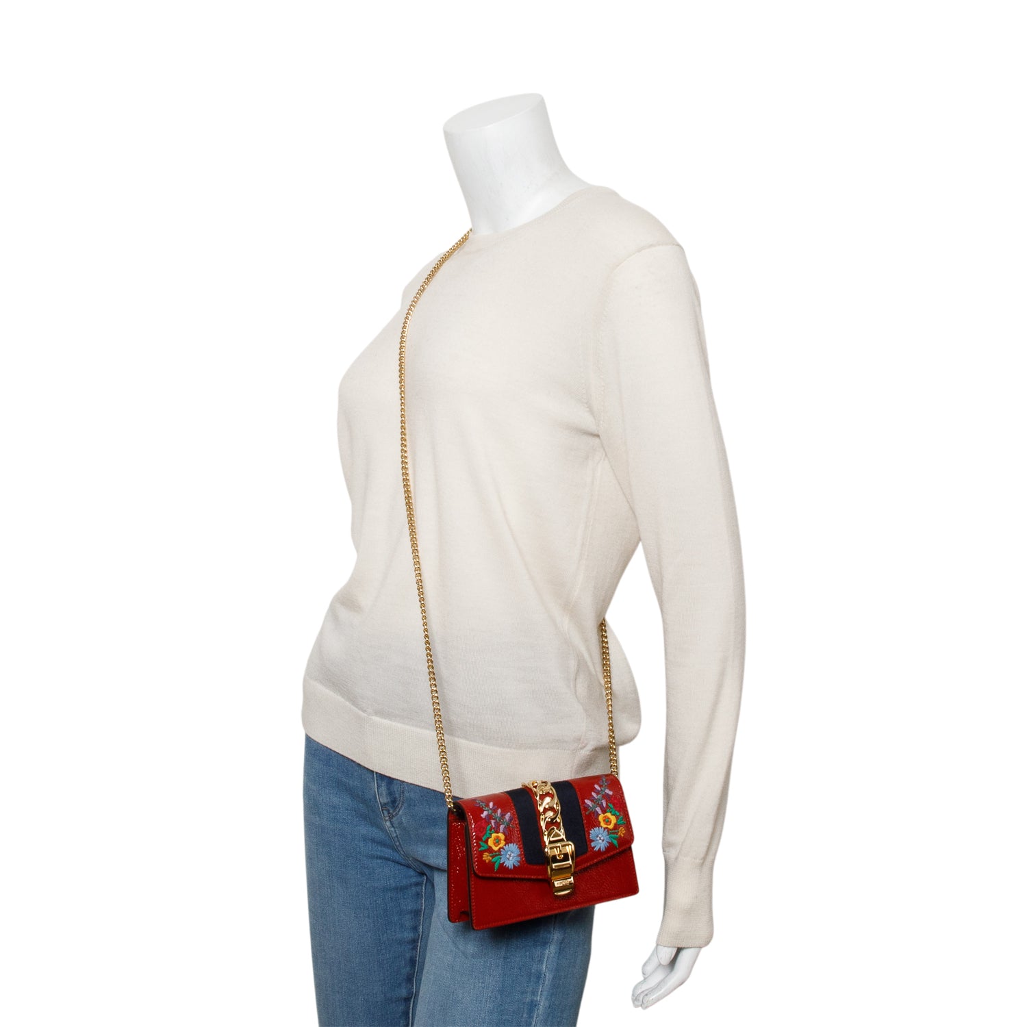 Gucci Red Patent Embroidered Super Mini Sylvie Chain Shoulder Bag w/ Box