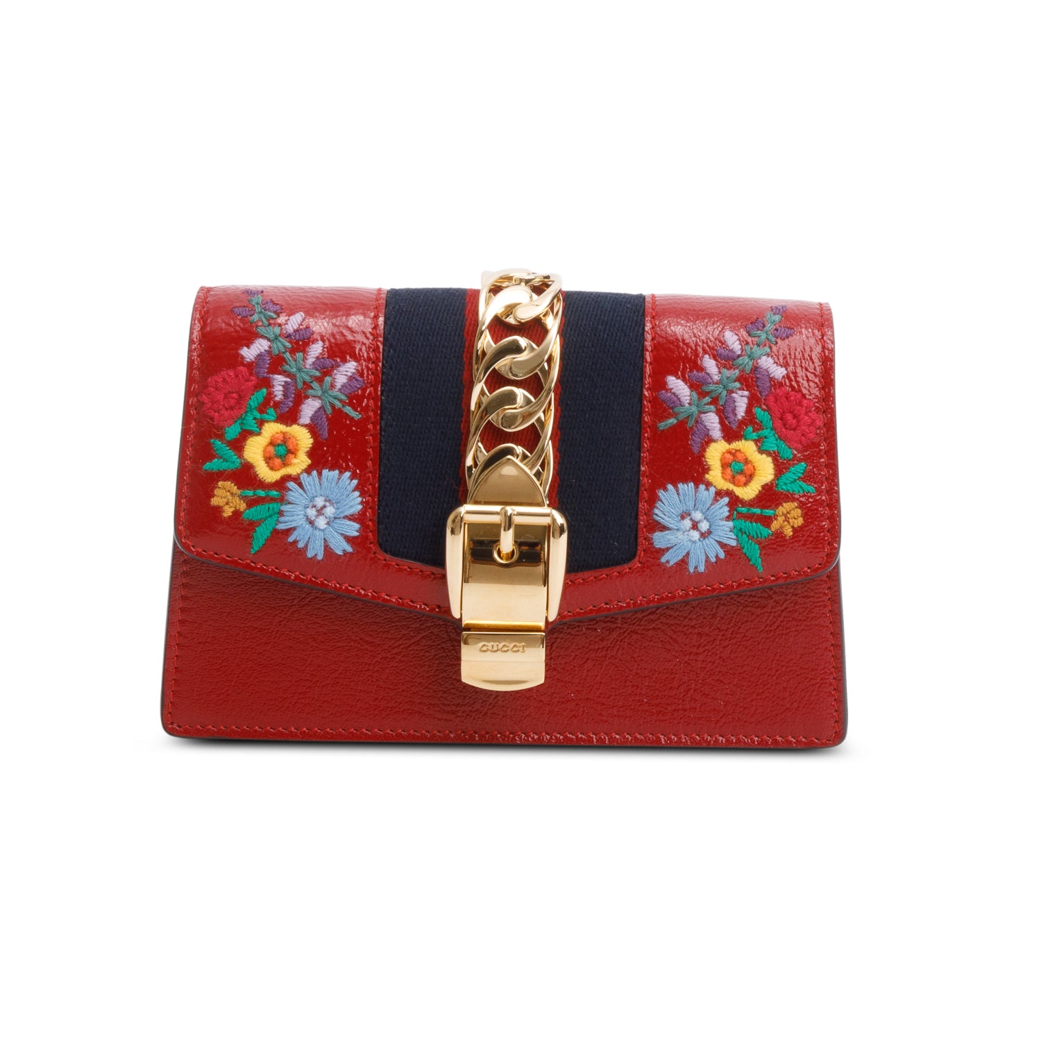 Gucci Red Patent Embroidered Super Mini Sylvie Chain Shoulder Bag w/ Box