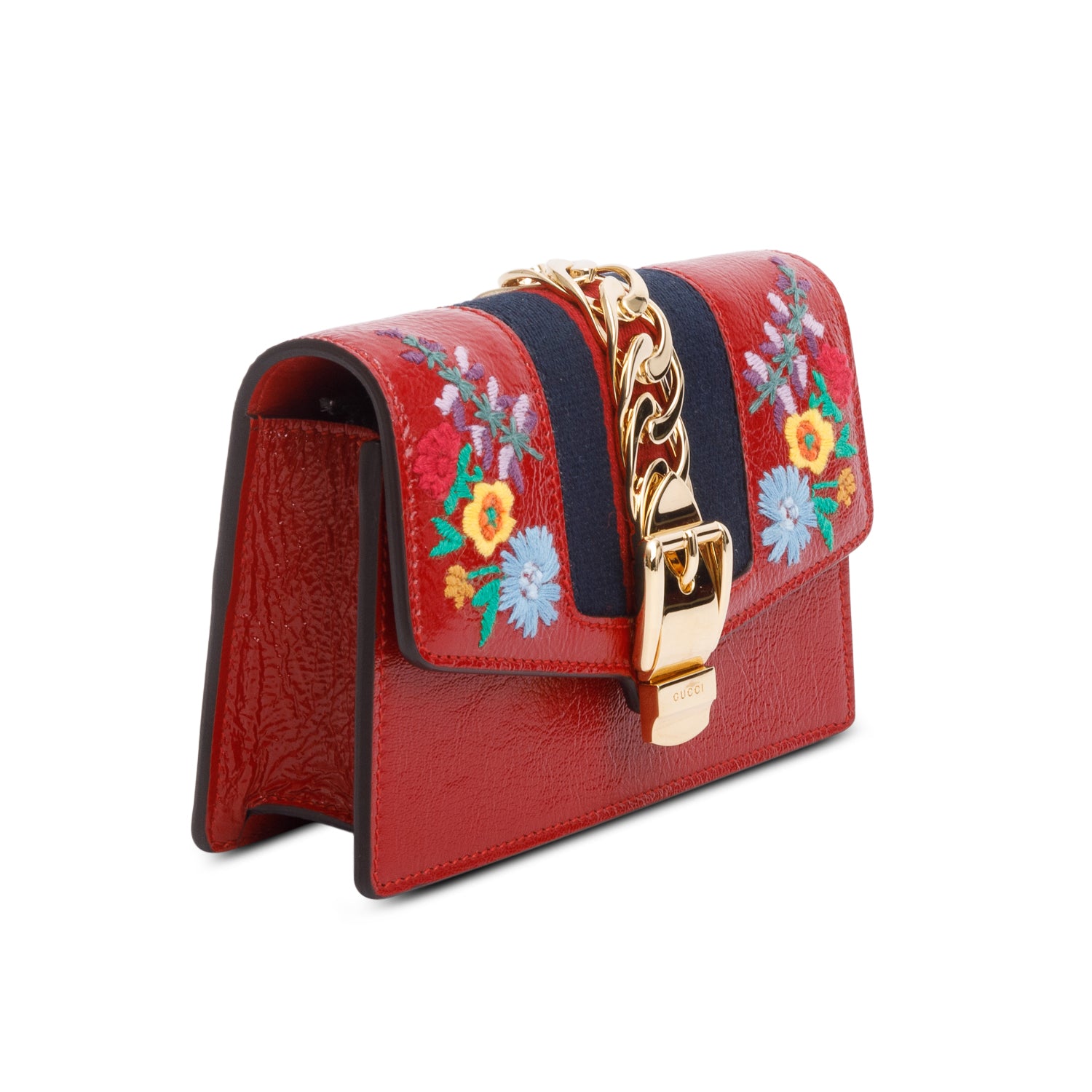 Gucci Red Patent Embroidered Super Mini Sylvie Chain Shoulder Bag w/ Box