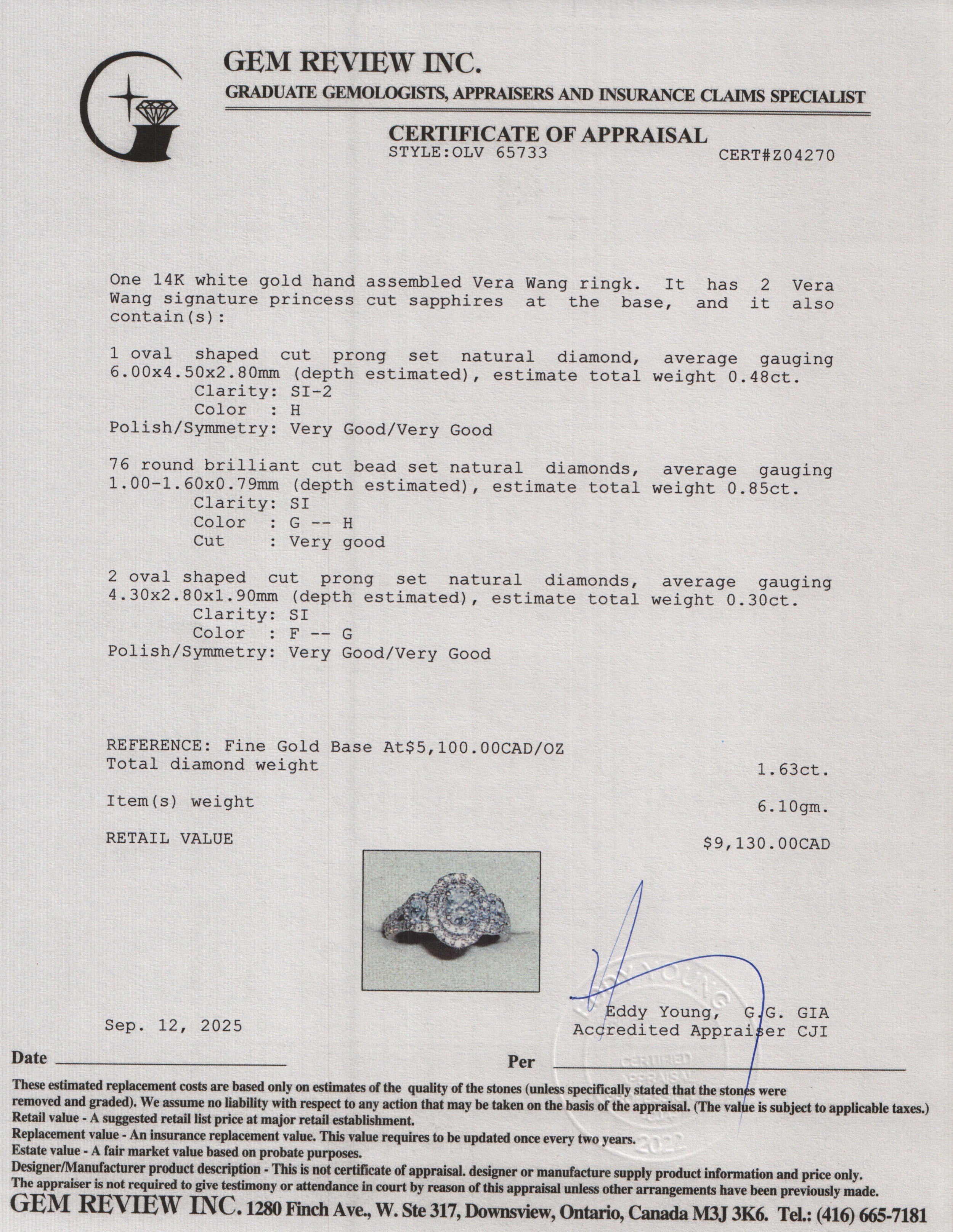 Vera Wang 14k White Gold Love Oval Cut Diamond Engagement Ring, Size 6.5