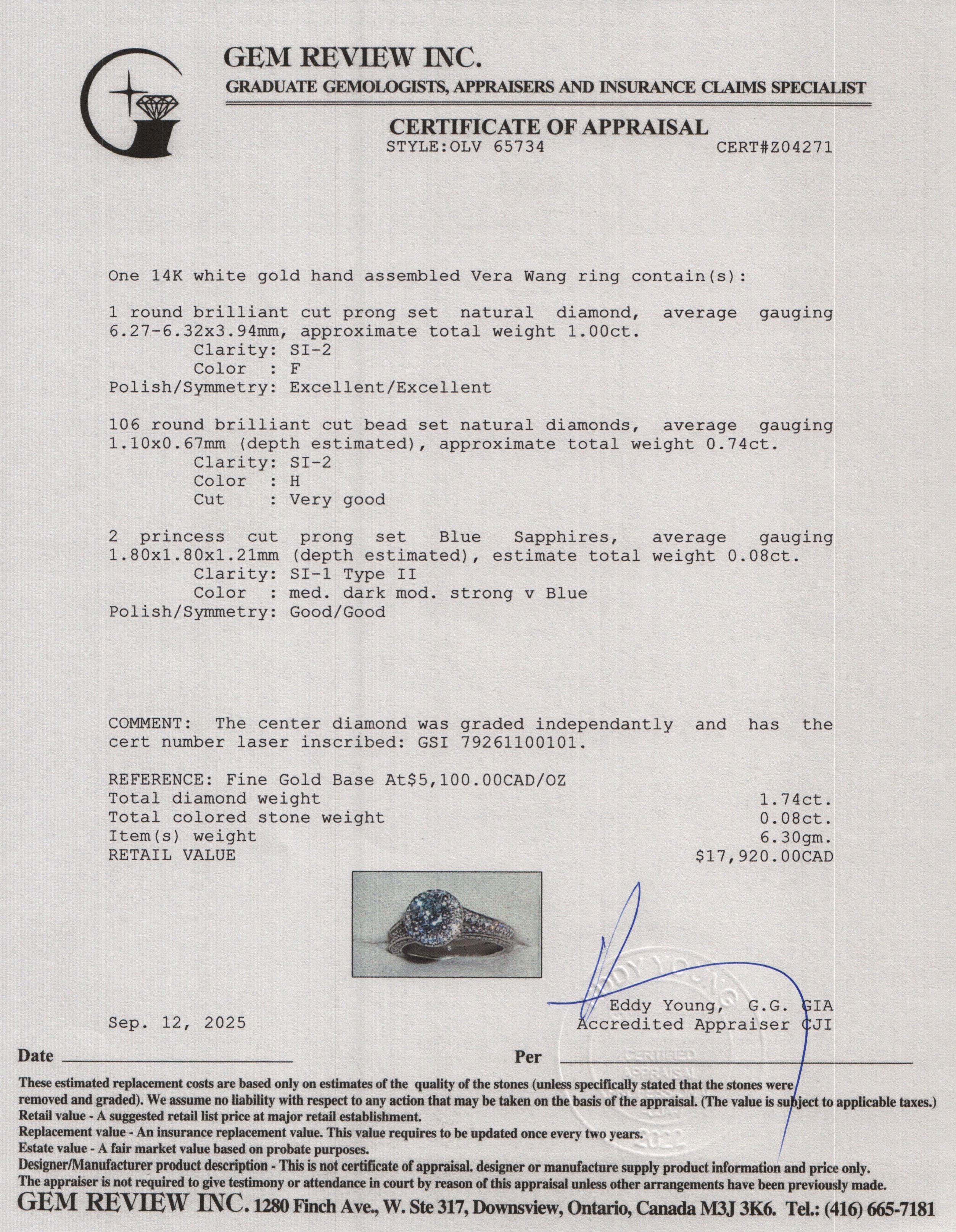 Vera Wang 14k White Gold Love Diamond Engagement Ring, Size 6.75 w/ Box