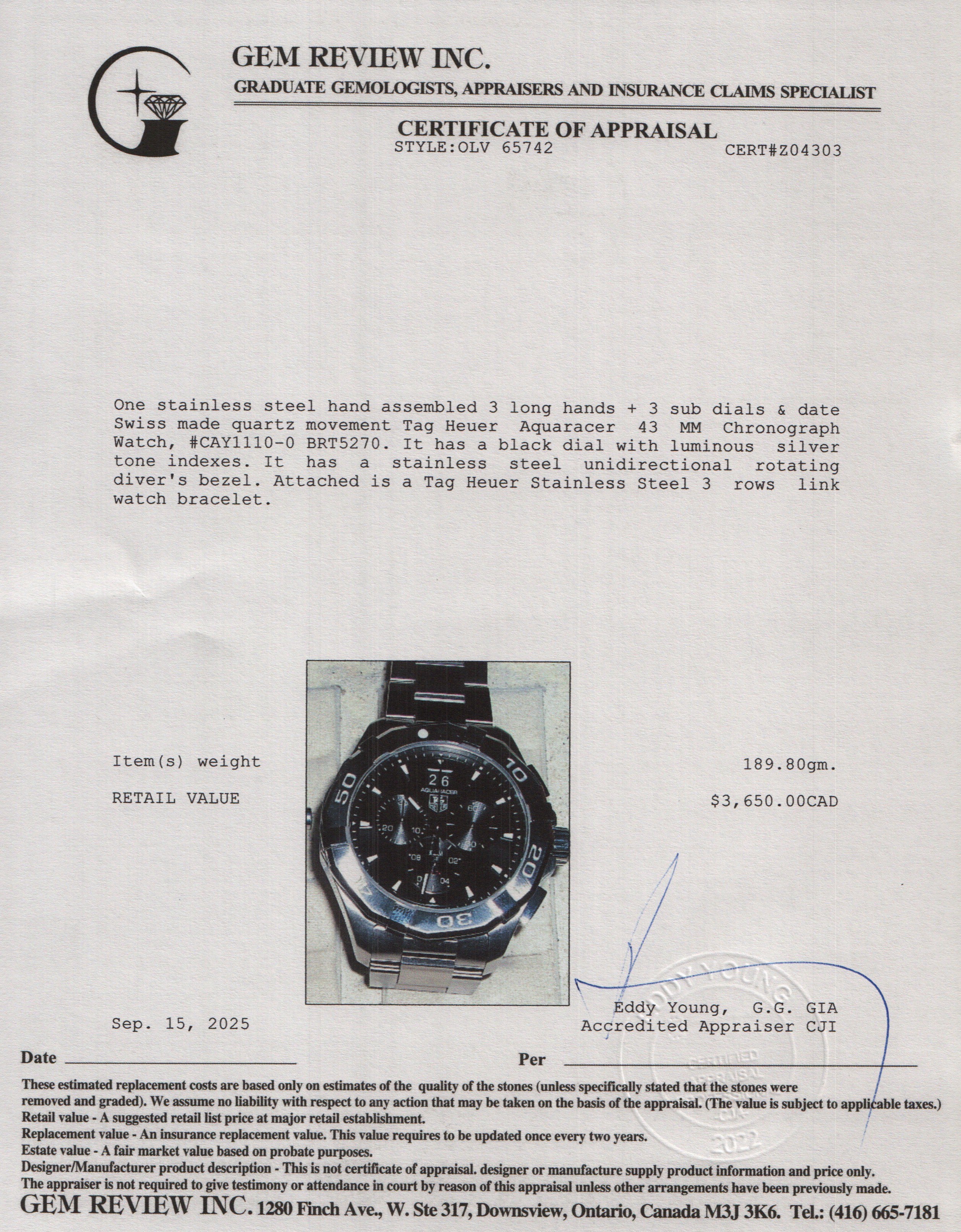 Tag Heuer Stainless Steel Aquaracer 43 MM Chronograph Watch CAY1110-0 w/ Papers