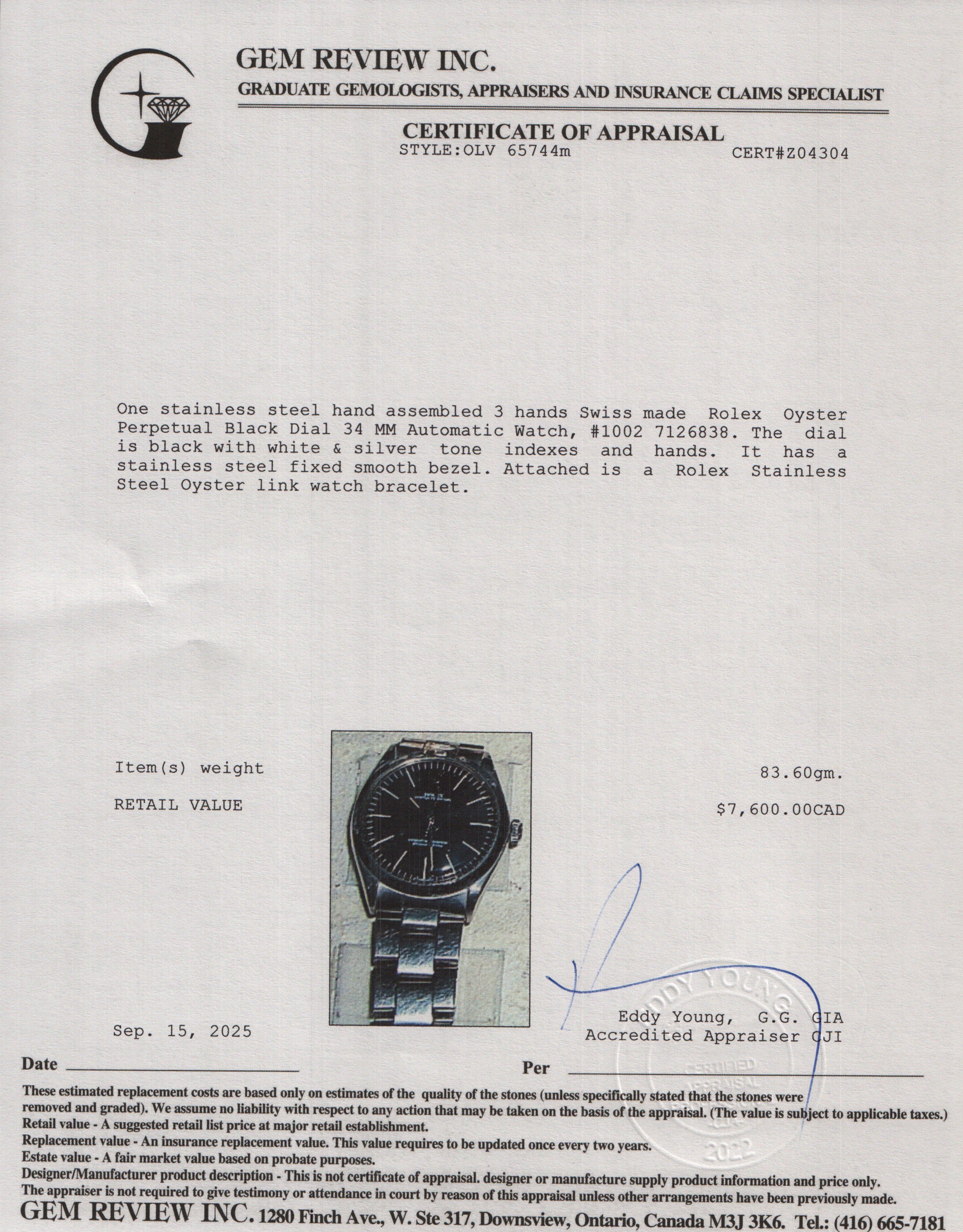 Rolex Stainless Steel Oyster Perpetual 34 MM Automatic Watch Black Dial 1002 w/ Box