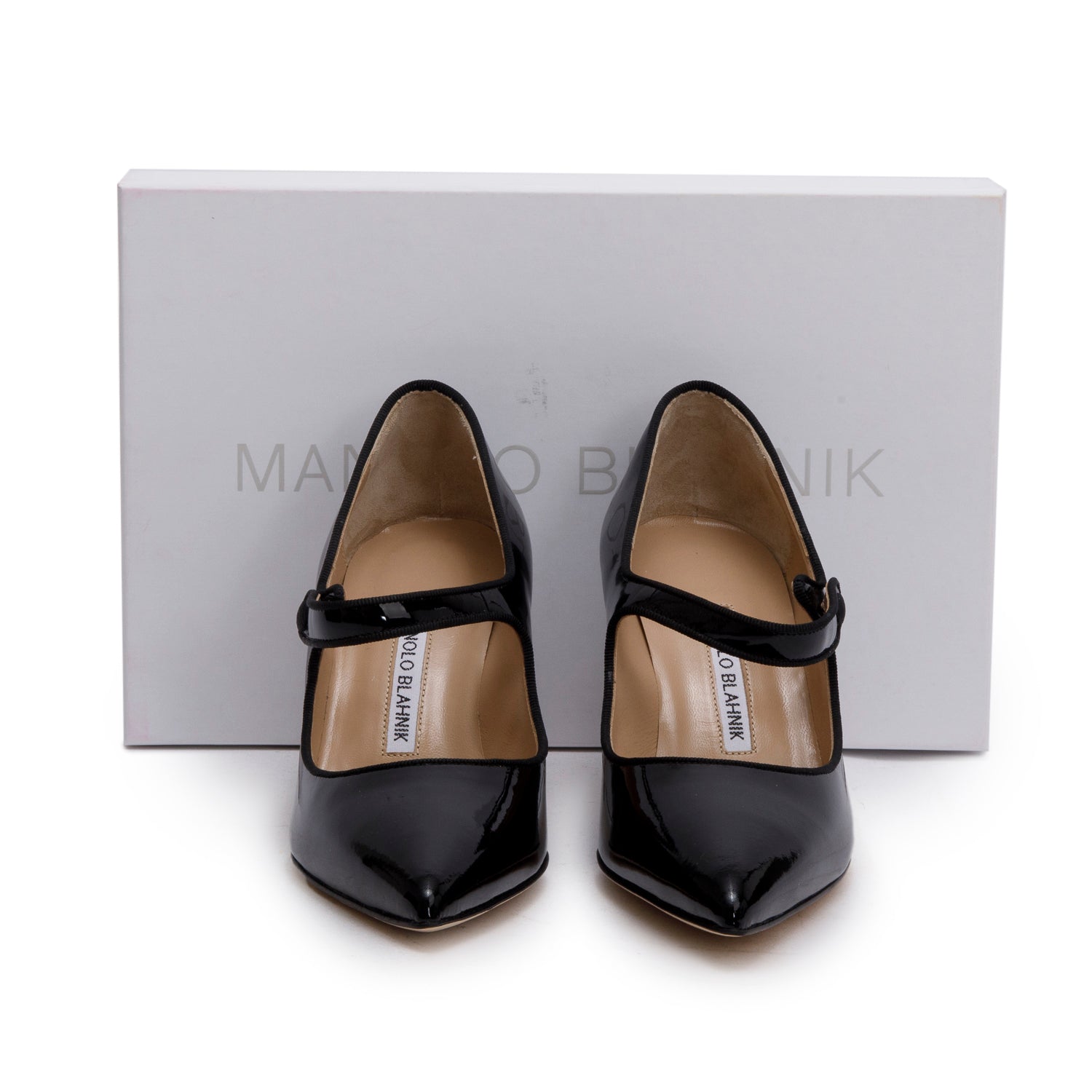 Manolo Blahnik Black Patent Leather Camparinew Pointed Toe Pumps, Size 37.5 w/ Box