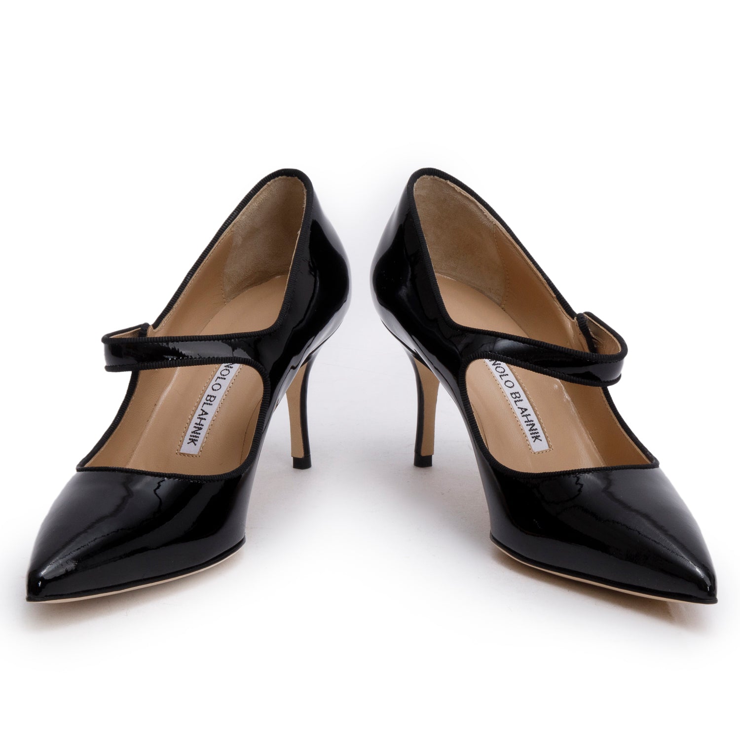 Manolo Blahnik Black Patent Leather Camparinew Pointed Toe Pumps, Size 37.5 w/ Box