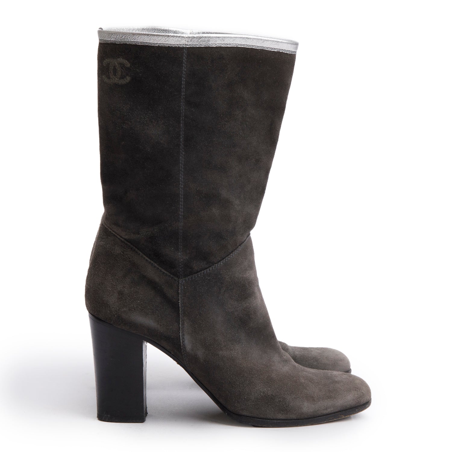 Chanel Grey Suede Interlocking CC Mid Calf Booties, Size 38 w/ Box