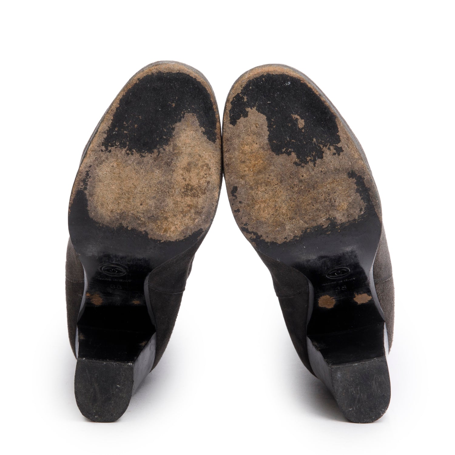 Chanel Grey Suede Interlocking CC Mid Calf Booties, Size 38 w/ Box