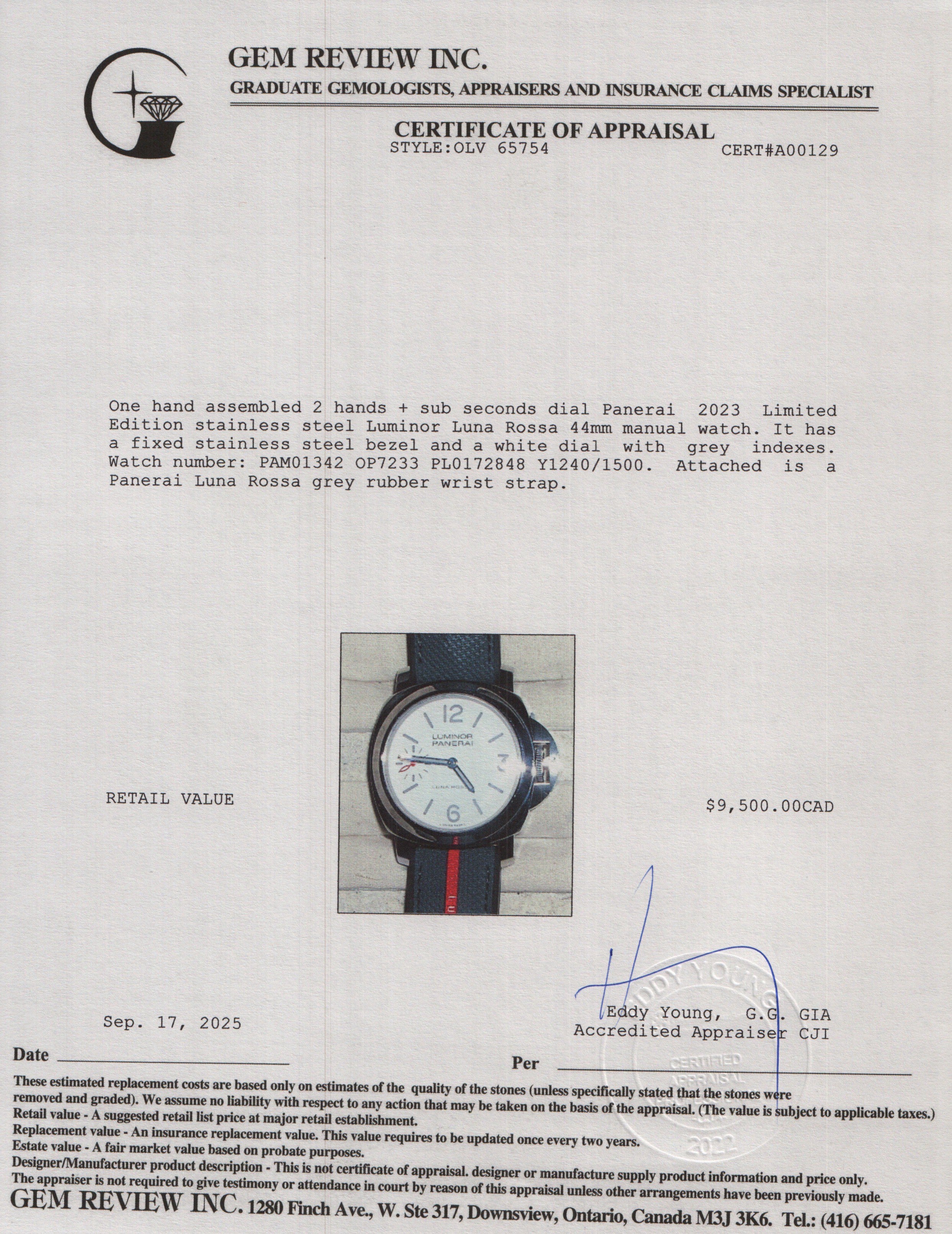 Panerai 2023 Limited Edition Stainless Steel Luminor Luna Rossa 44 MM Manual Watch White Dial PAM01342 w/ Box, Receipt & Extra Strap