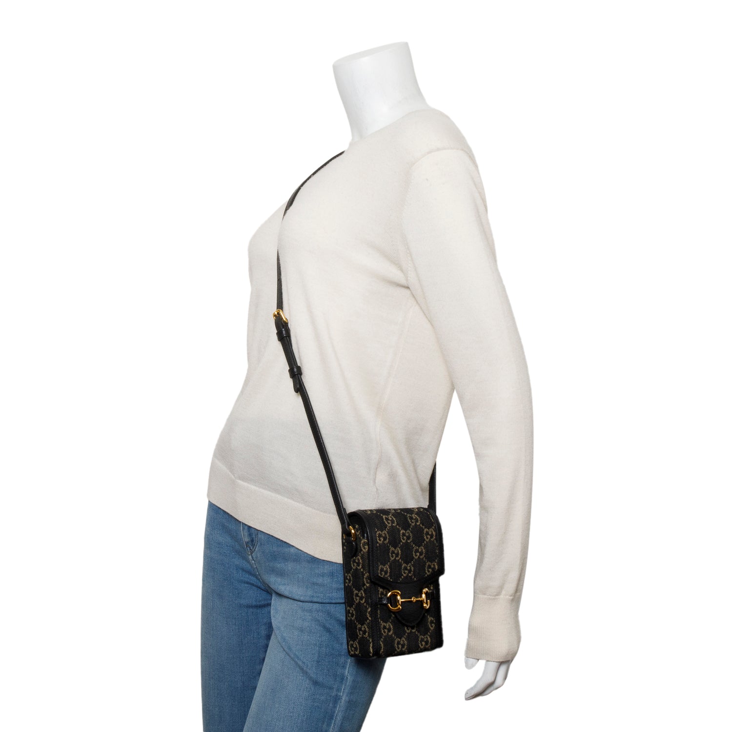 Gucci Black GG Supreme Denim Monogram Mini Horsebit 1955 Crossbody Bag