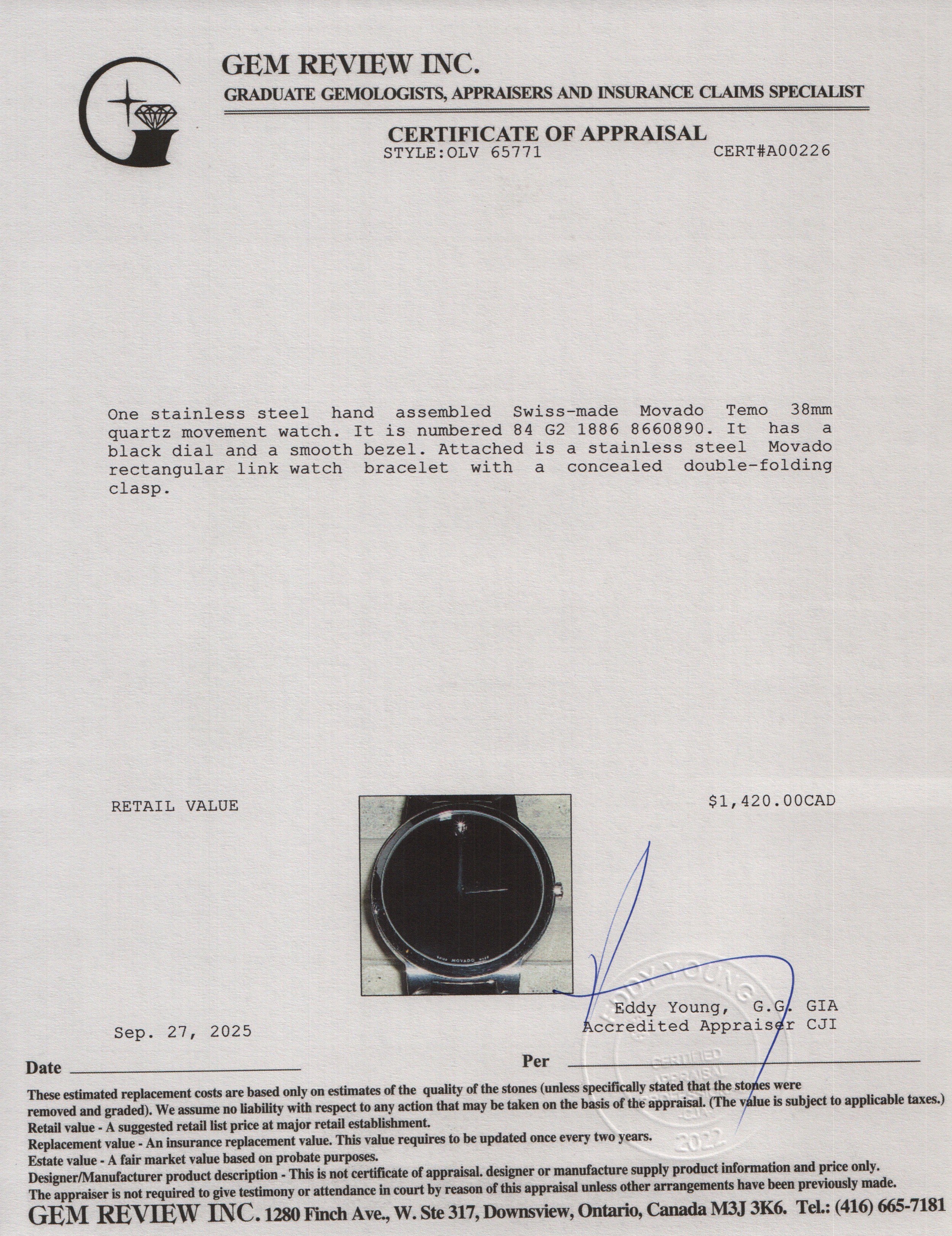 Movado Stainless Steel Temo 38 MM Quartz Watch Black Dial