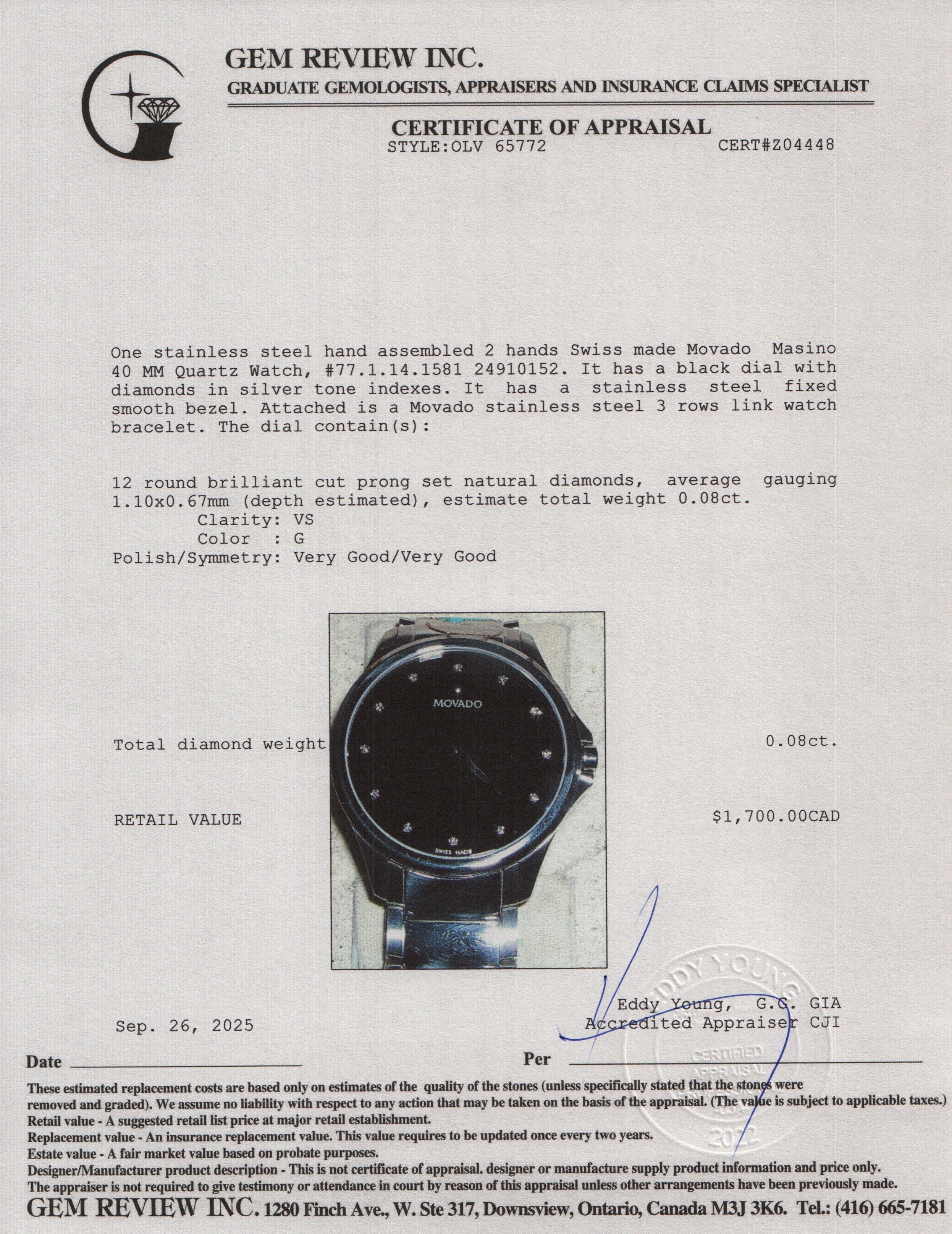 Movado Stainless Steel Masino 40 MM Quartz Watch Black Diamond Dial w/ Box