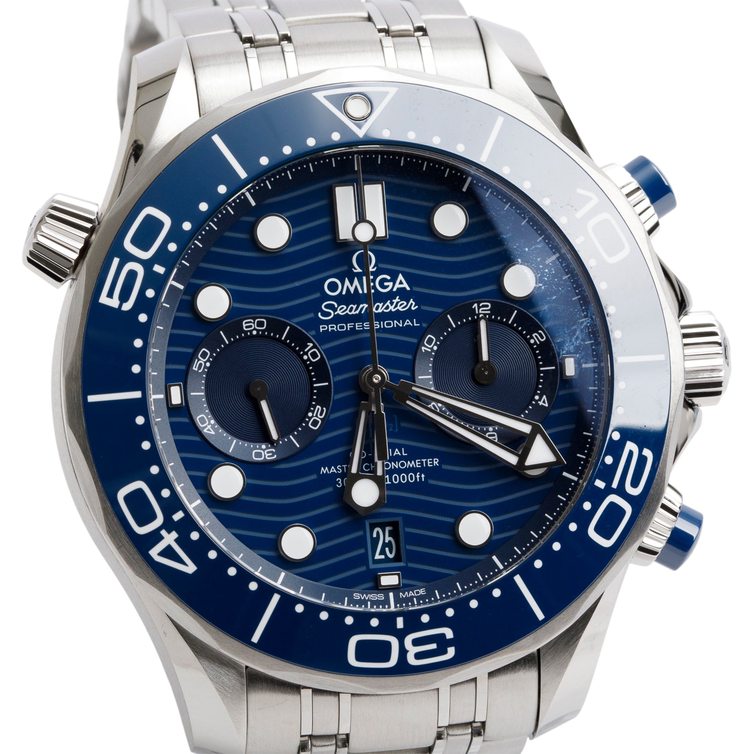 Omega 2025 Stainless Steel Seamaster Diver 300M Co-Axial Master Chronometer 44 MM Automatic Chronograph Watch Blue Dial w/ Box & Papers