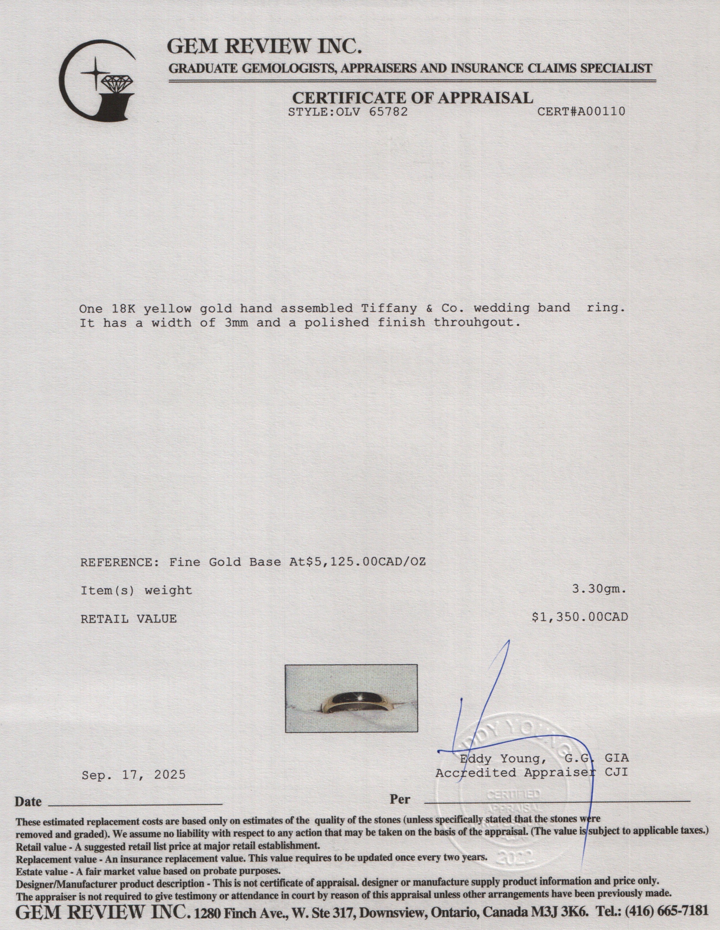 Tiffany & Co. 18k Yellow Gold 3 MM Wedding Band Ring, Size 4.25