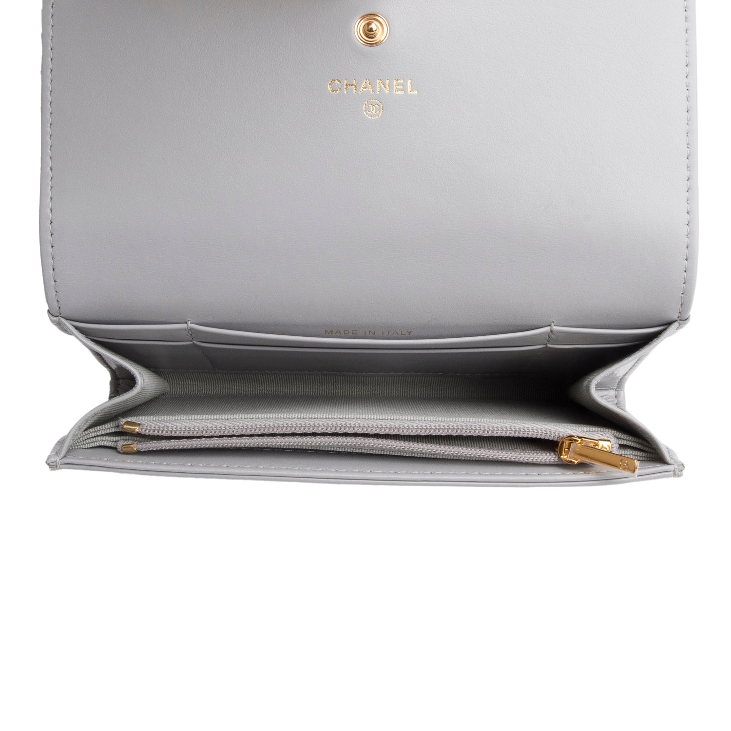 Chanel Grey Shiny Calfskin Leather Classic Small Flap Wallet w/ Box