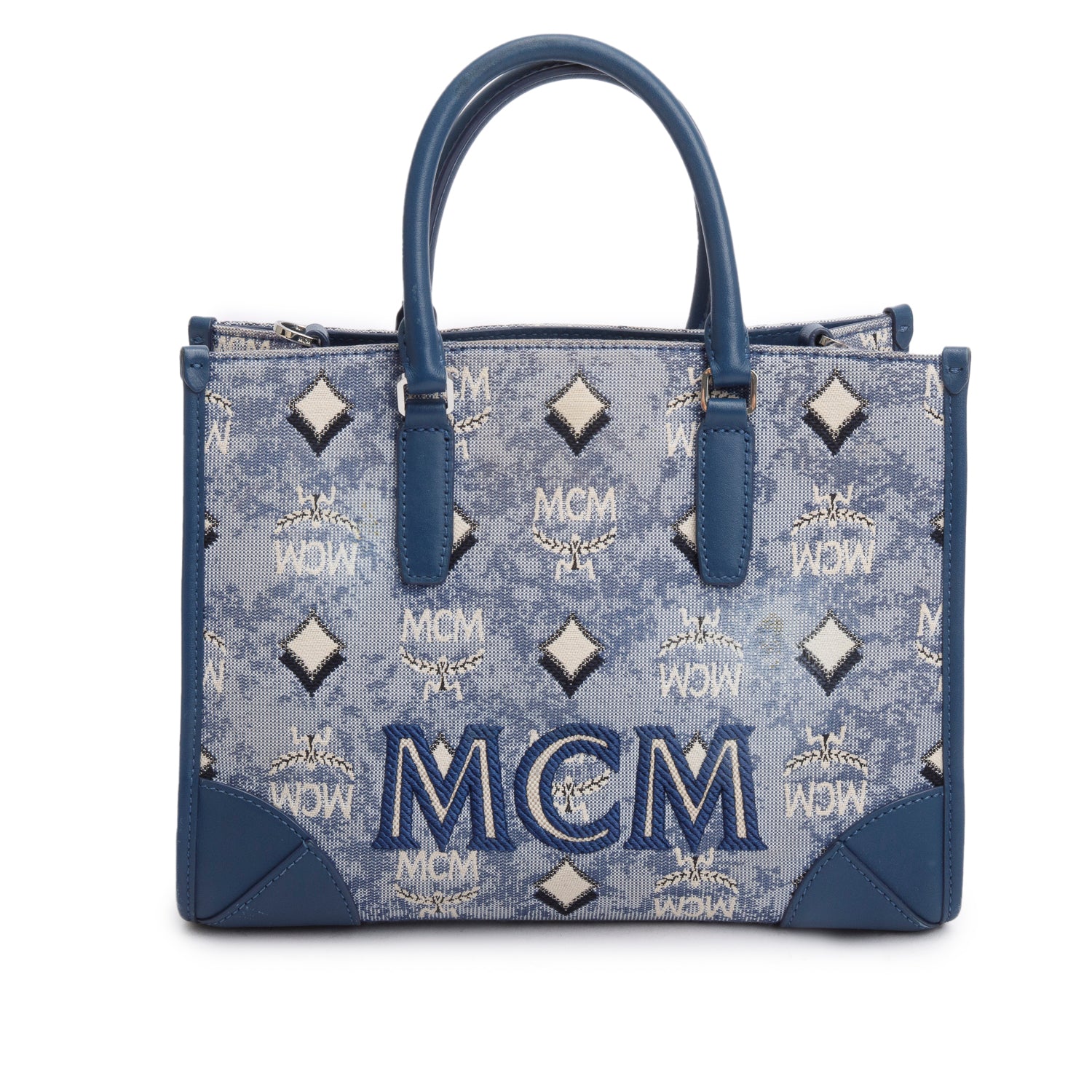 MCM Blue Vintage Monogram Jacquard Small Munchen Tote w/ Strap