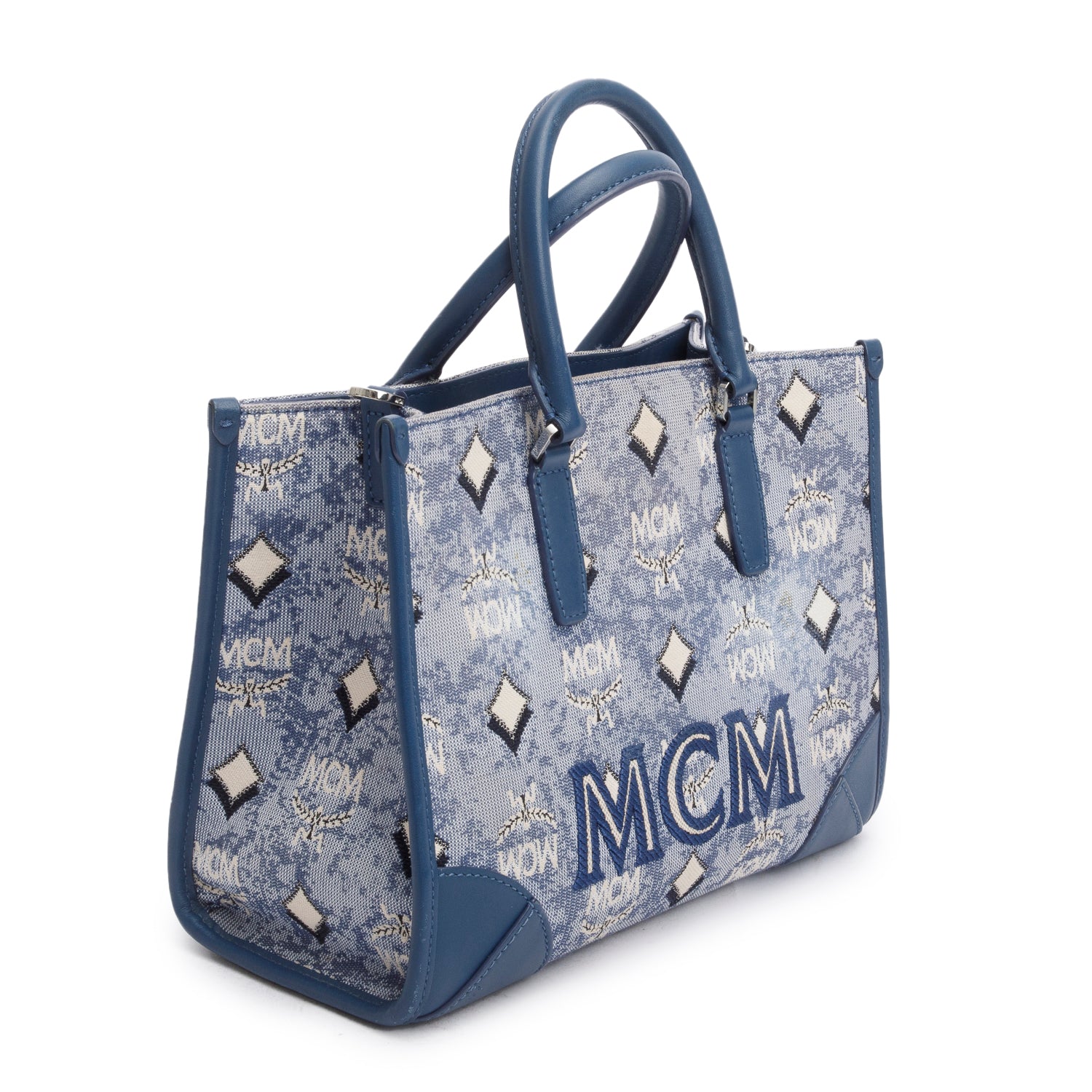 MCM Blue Vintage Monogram Jacquard Small Munchen Tote w/ Strap
