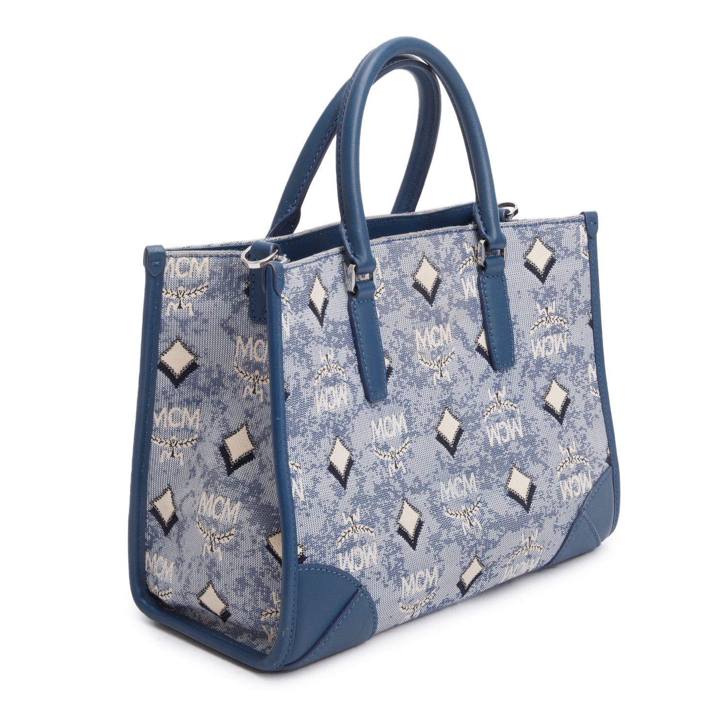 MCM Blue Vintage Monogram Jacquard Small Munchen Tote w/ Strap