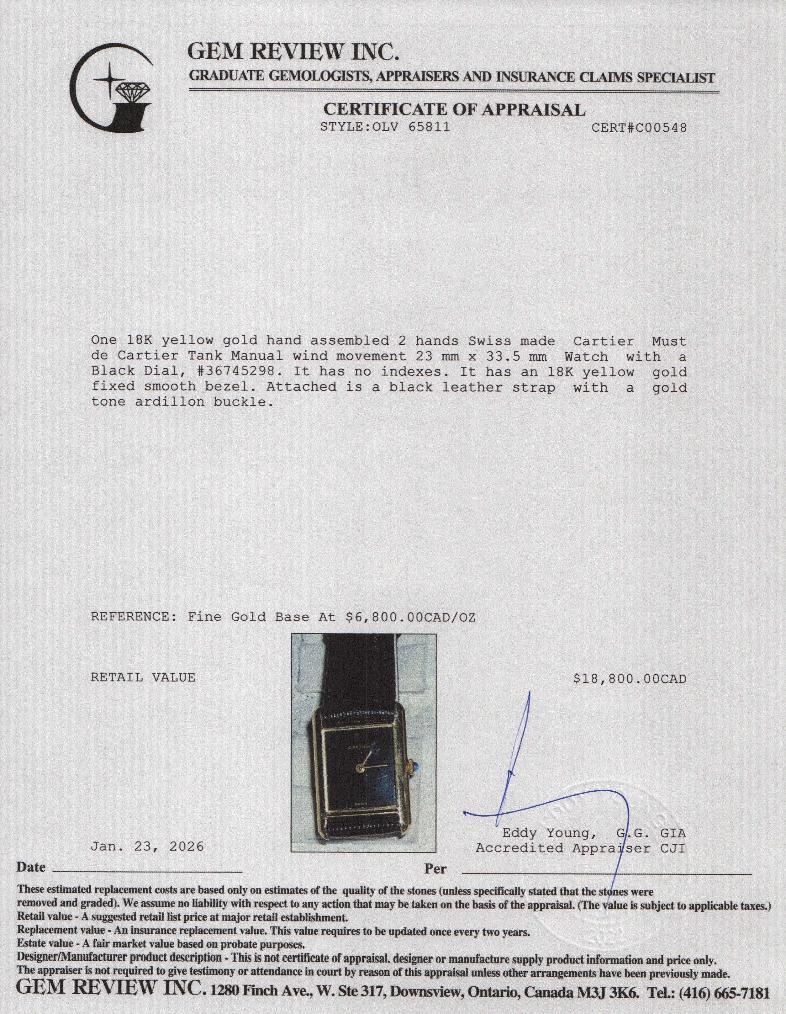 Cartier Vintage 18k Yellow Gold Must de Cartier Tank Manual Watch Black Dial