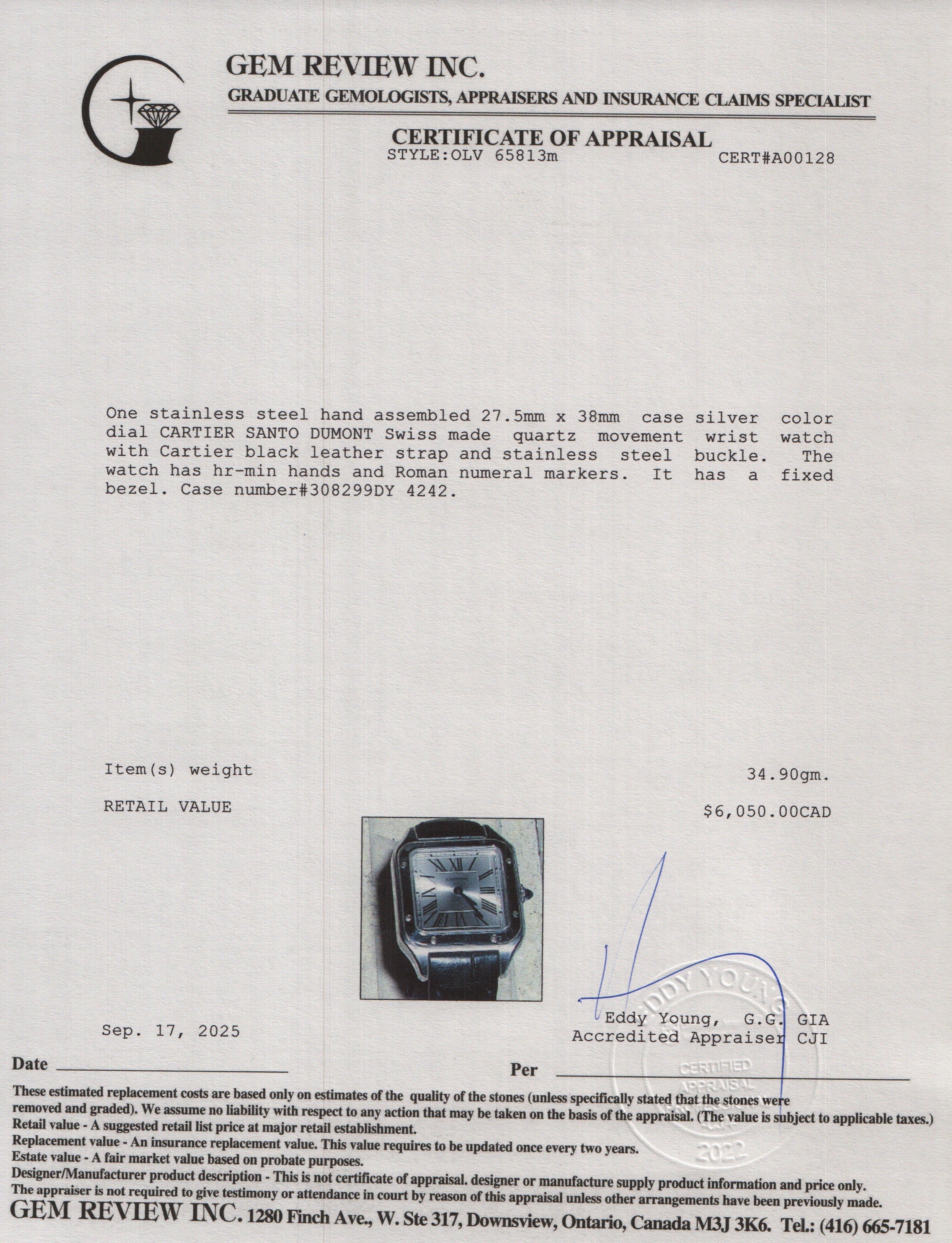 Cartier 2023 Stainless Steel Santos Dumont Watch, Small Model 4242 w/ Box, Papers & Extra Strap