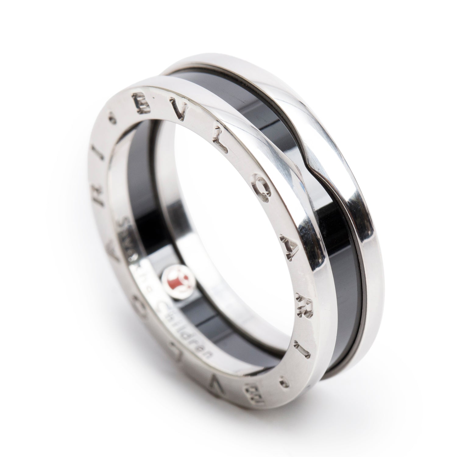 BVLGARI 2025 Sterling Silver Black Ceramic Save the Children One-Band Ring, Size 63 10.25 w/ Box & Certificate