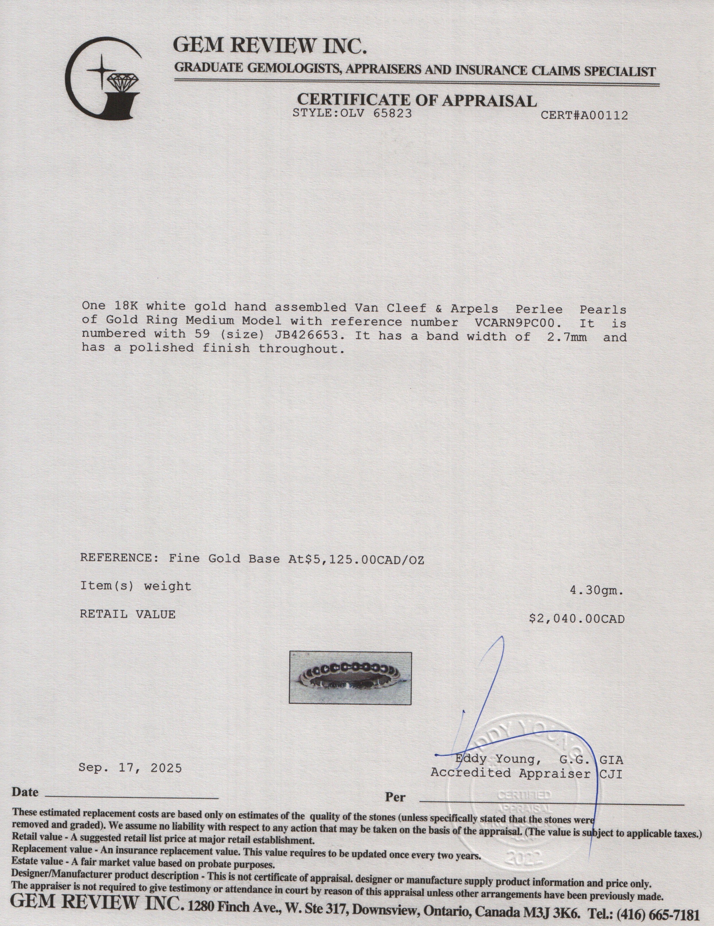 Van Cleef & Arpels 18k White Gold Perlee Pearls of Gold Ring, Medium Model Size 59 8.75 w/ Box & Certificate